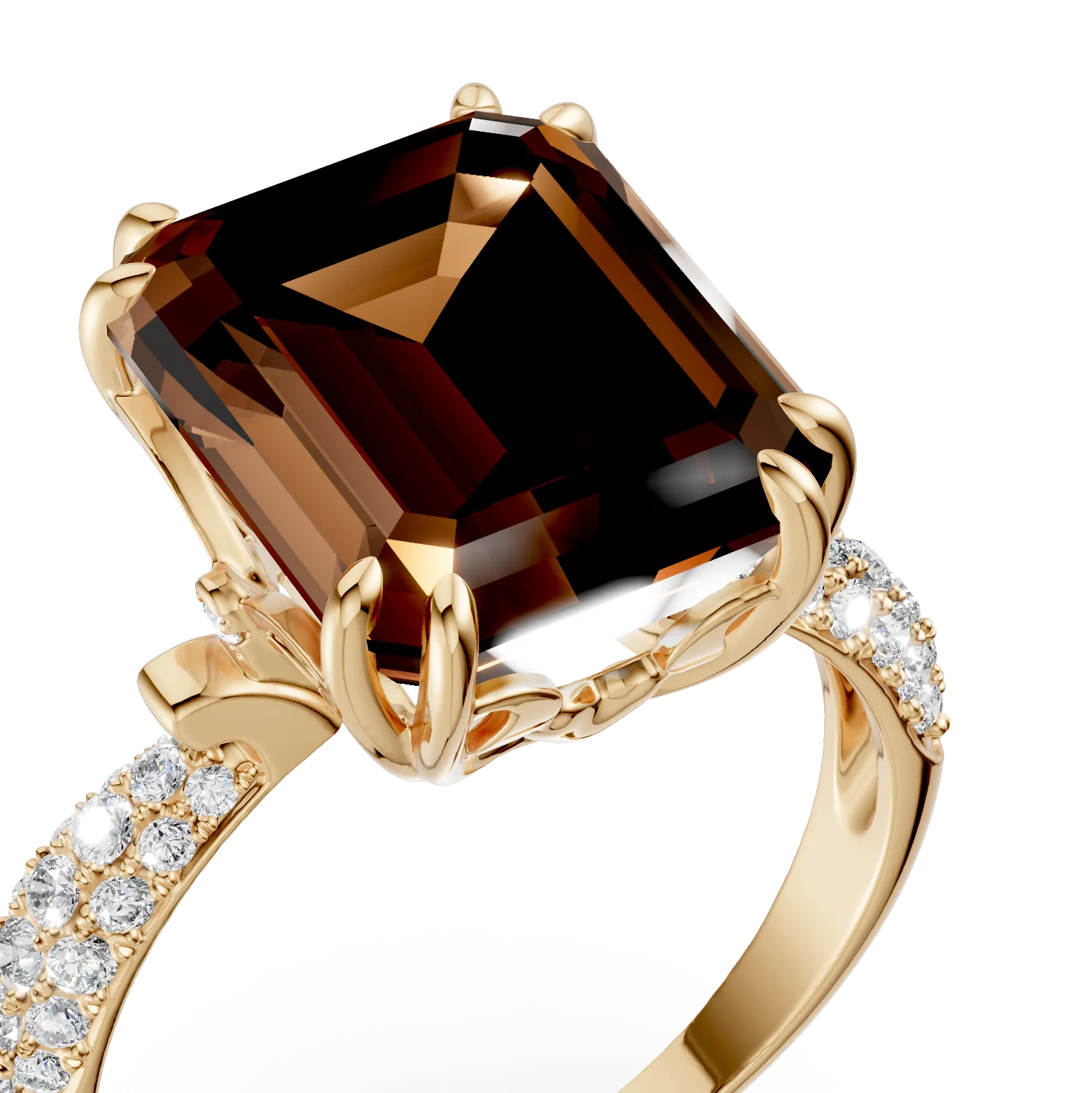 Sárga arany geometriai gyűrű 5.6ct füstkvarccal és 0.3ct gyémántokkal