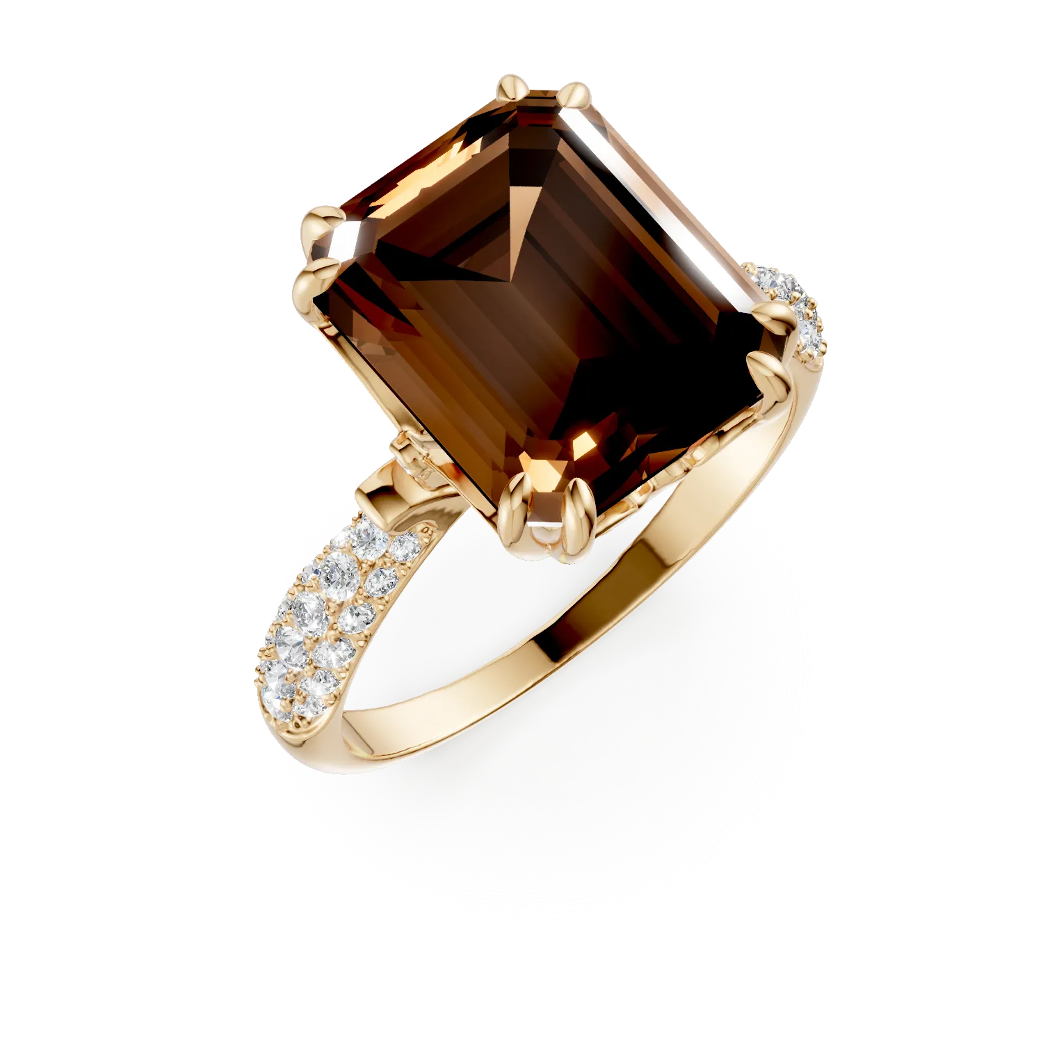 Inel geometric din aur galben cu cuart fumuriu octogonal de 5.6ct si diamante de 0.3ct