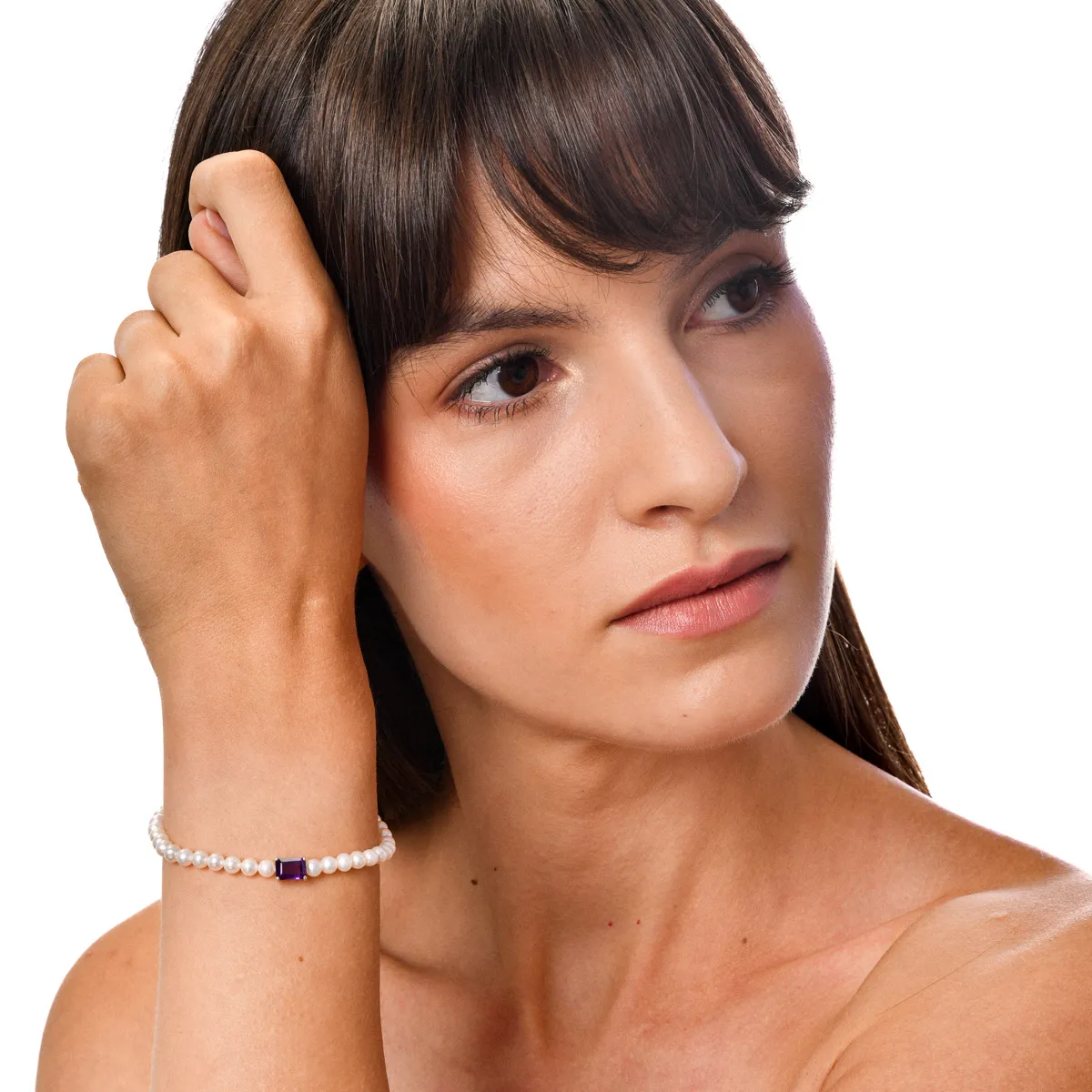 Fehérarany karkötő 1.1ct ametiszttel és édesvízi gyöngyökkel