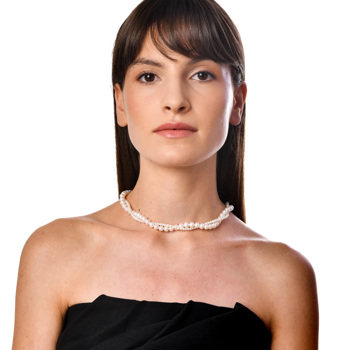 Pleciony naszyjnik z białego złota z perłami słodkowodnymi