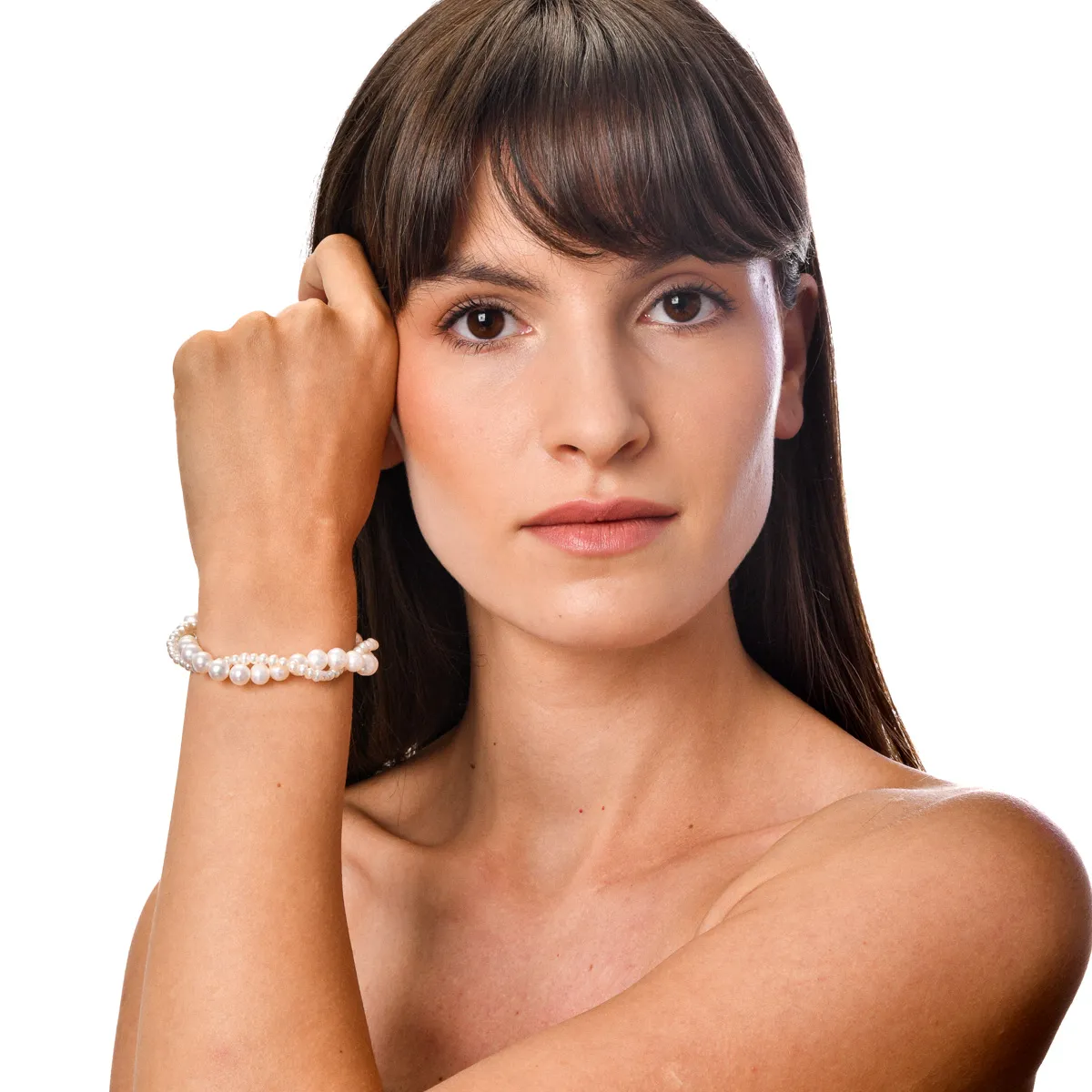 Fehér arany fonott karkötő édesvízi gyöngyökkel