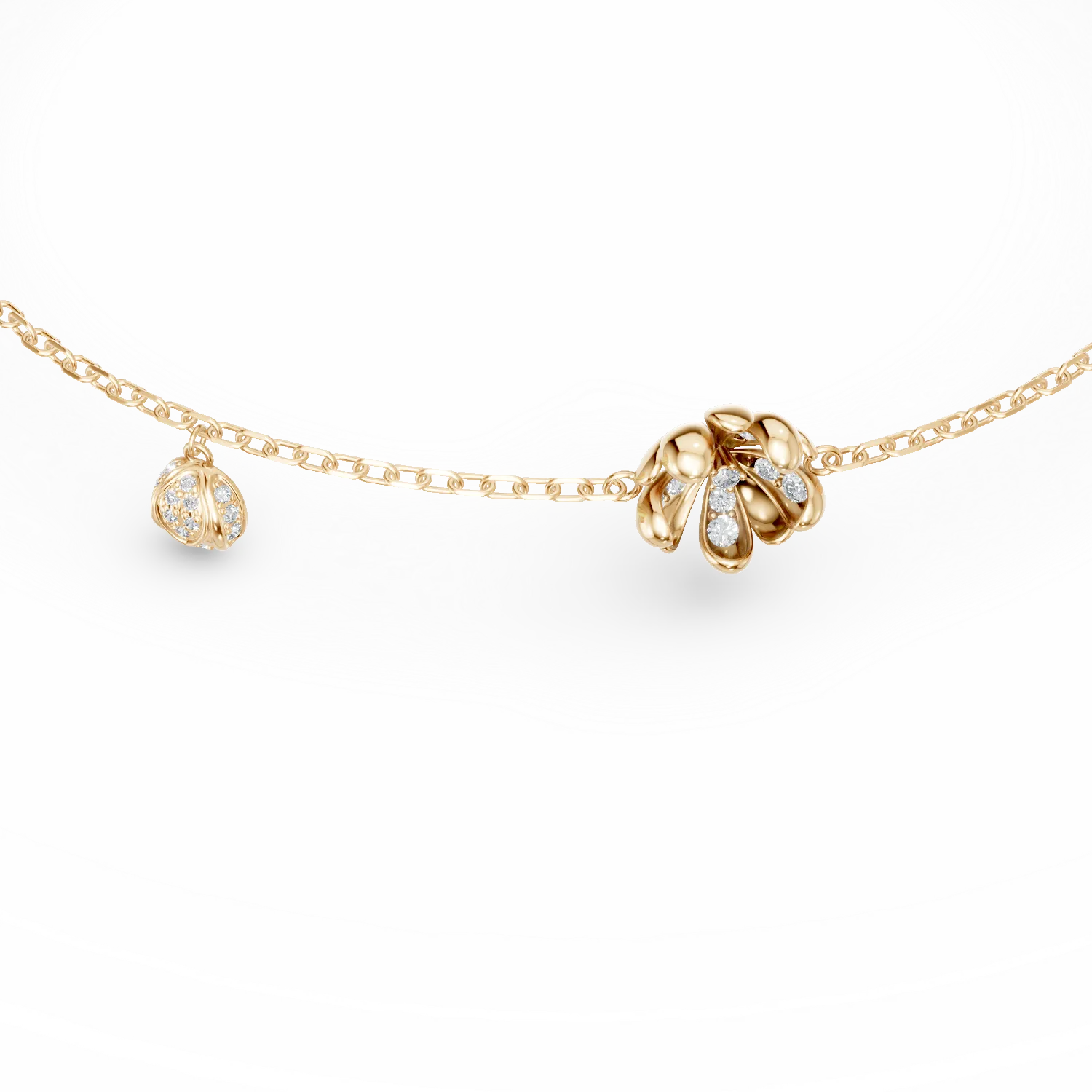 Yellow gold linden flower pendant bracelet with 0.1ct diamonds