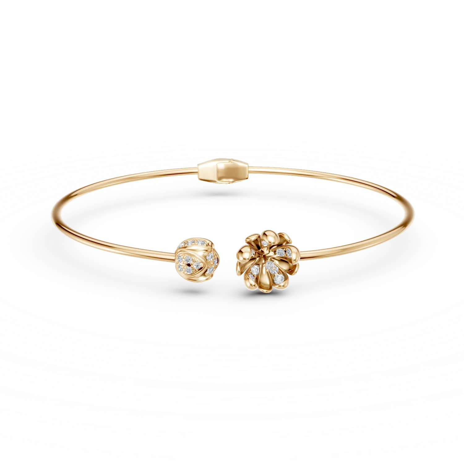 Yellow gold linden flower open bracelet with 0.1ct diamonds-192779