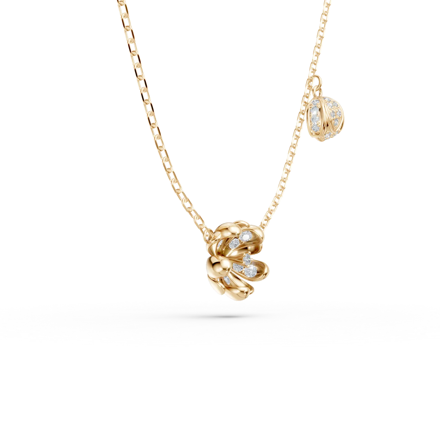 Yellow gold linden flower pendant necklace with 0.1ct diamonds