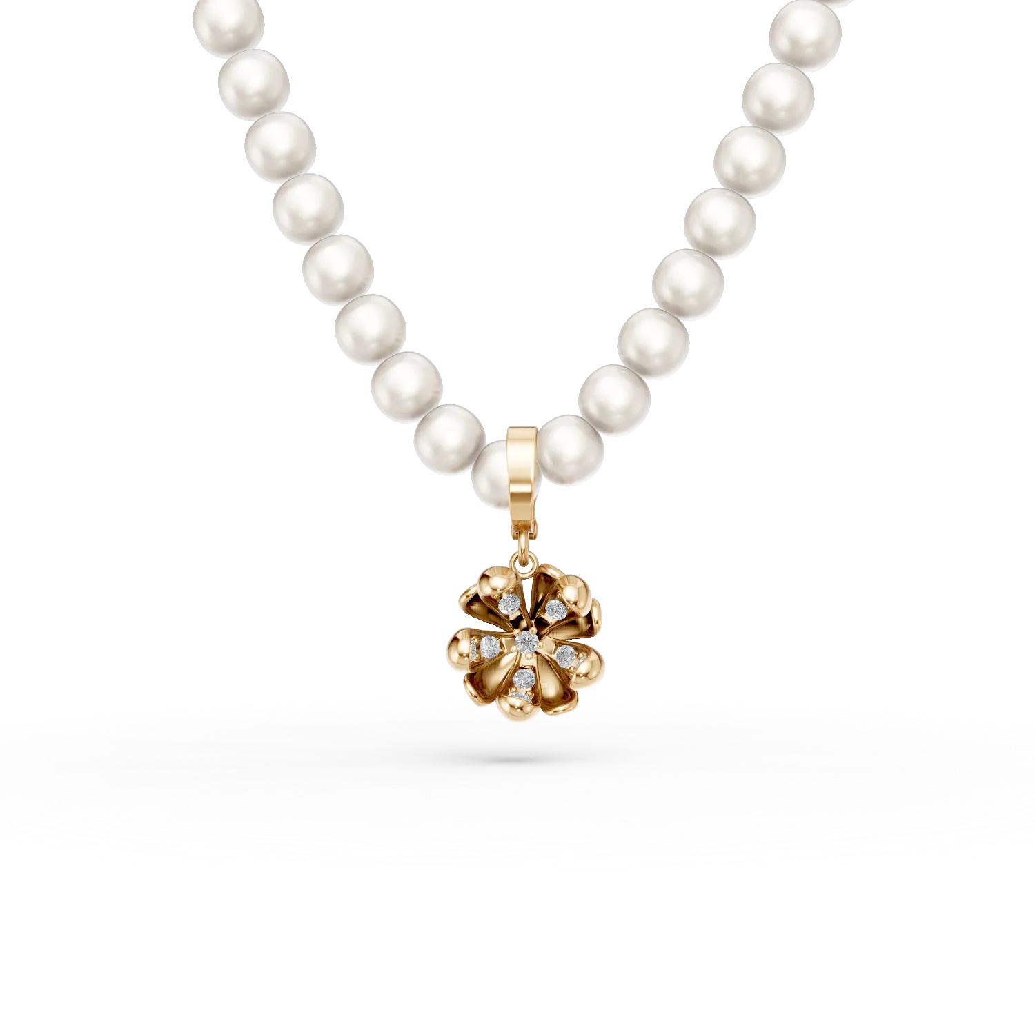 Yellow gold linden flower pendant necklace with 0.08ct diamonds and fresh water pearls-192836