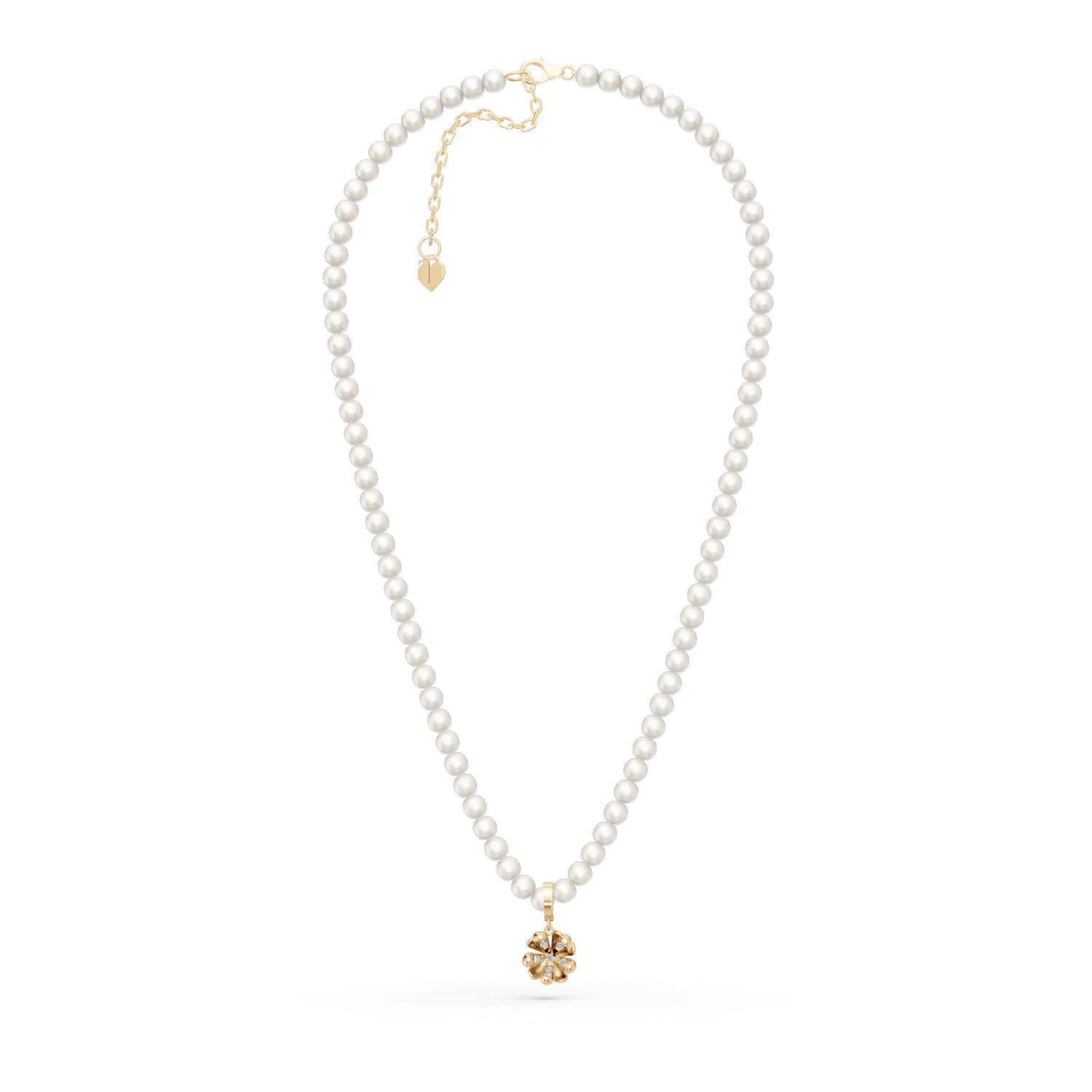 Yellow gold linden flower pendant necklace with 0.08ct diamonds and fresh water pearls