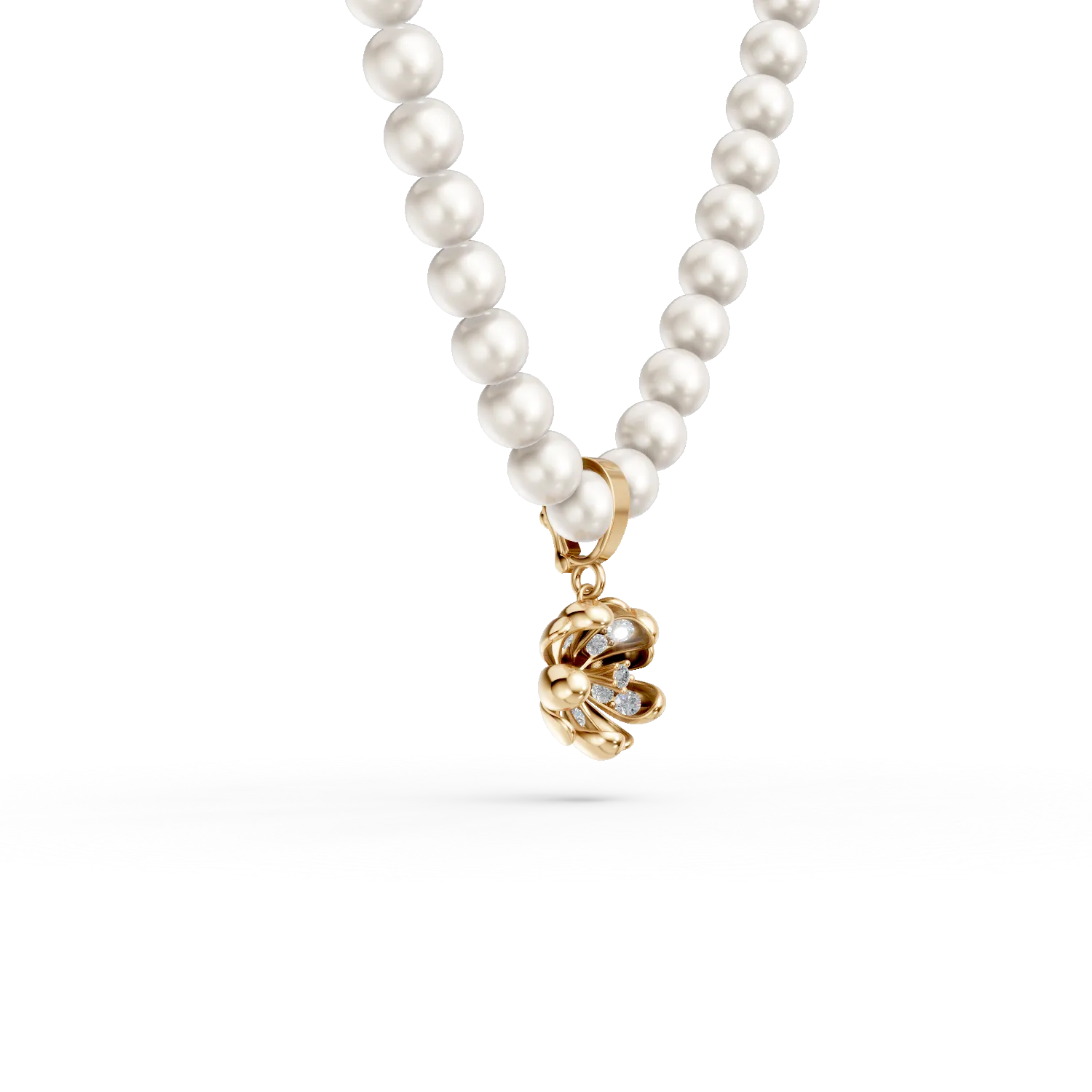 Yellow gold linden flower pendant necklace with 0.08ct diamonds and fresh water pearls