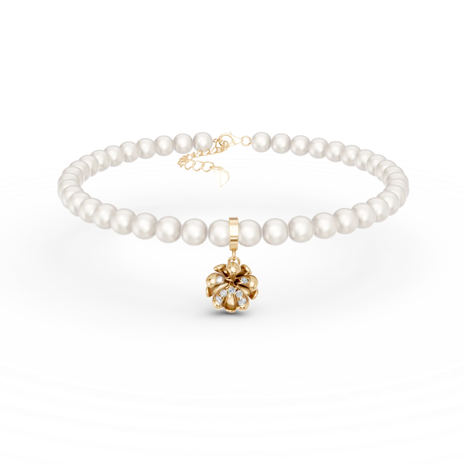 Yellow gold linden flower pendant bracelet with 0.08ct diamonds and fresh water pearls-192290
