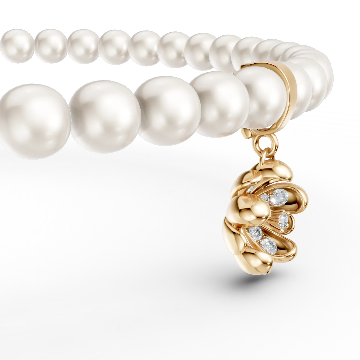 Yellow gold linden flower pendant bracelet with 0.08ct diamonds and fresh water pearls