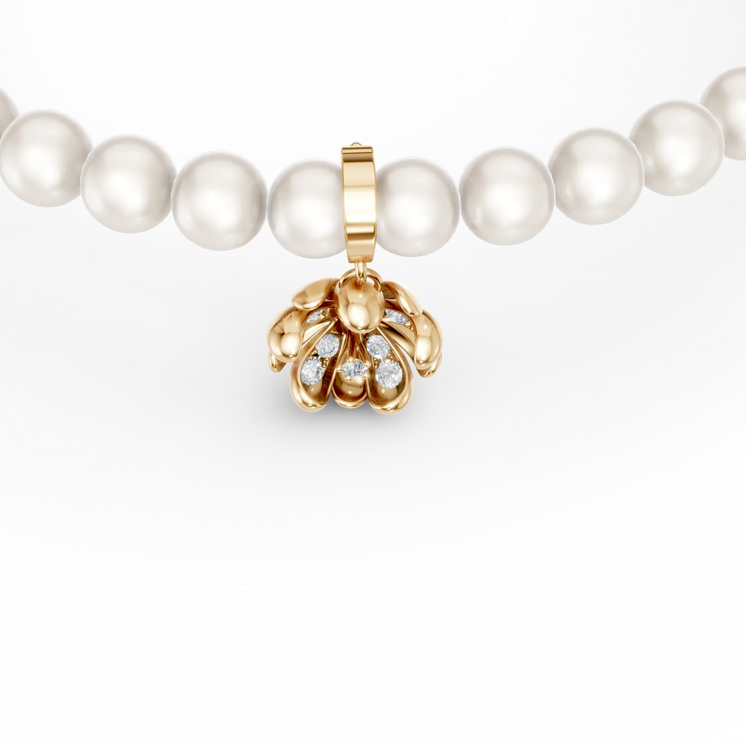 Yellow gold linden flower pendant bracelet with 0.08ct diamonds and fresh water pearls
