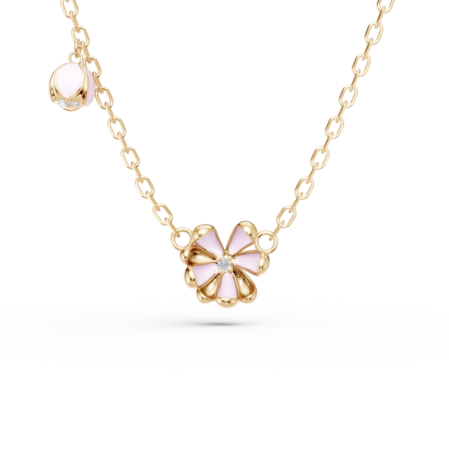 Yellow gold linden flower children's pendant necklace with 0.02ct diamonds-192293