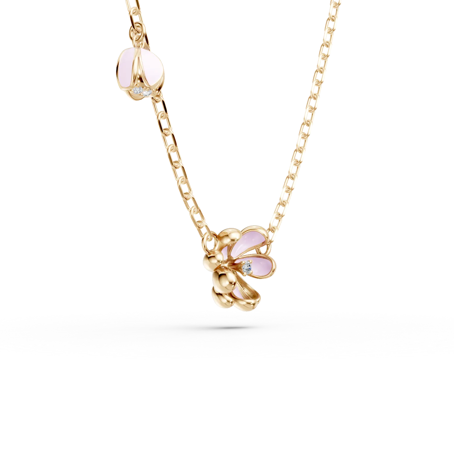 Yellow gold linden flower children's pendant necklace with 0.02ct diamonds