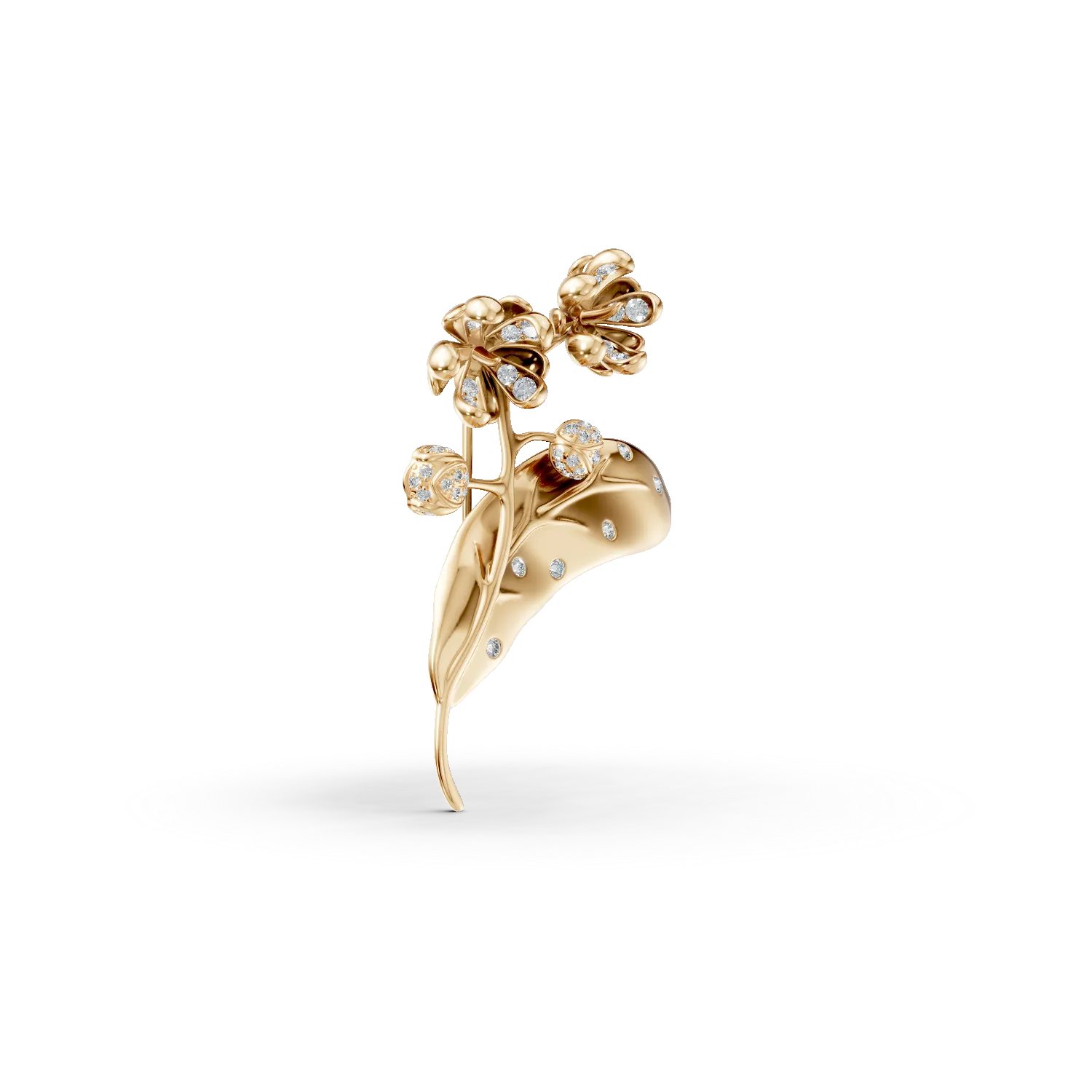 Yellow gold linden flower brooch with 0.2ct diamonds