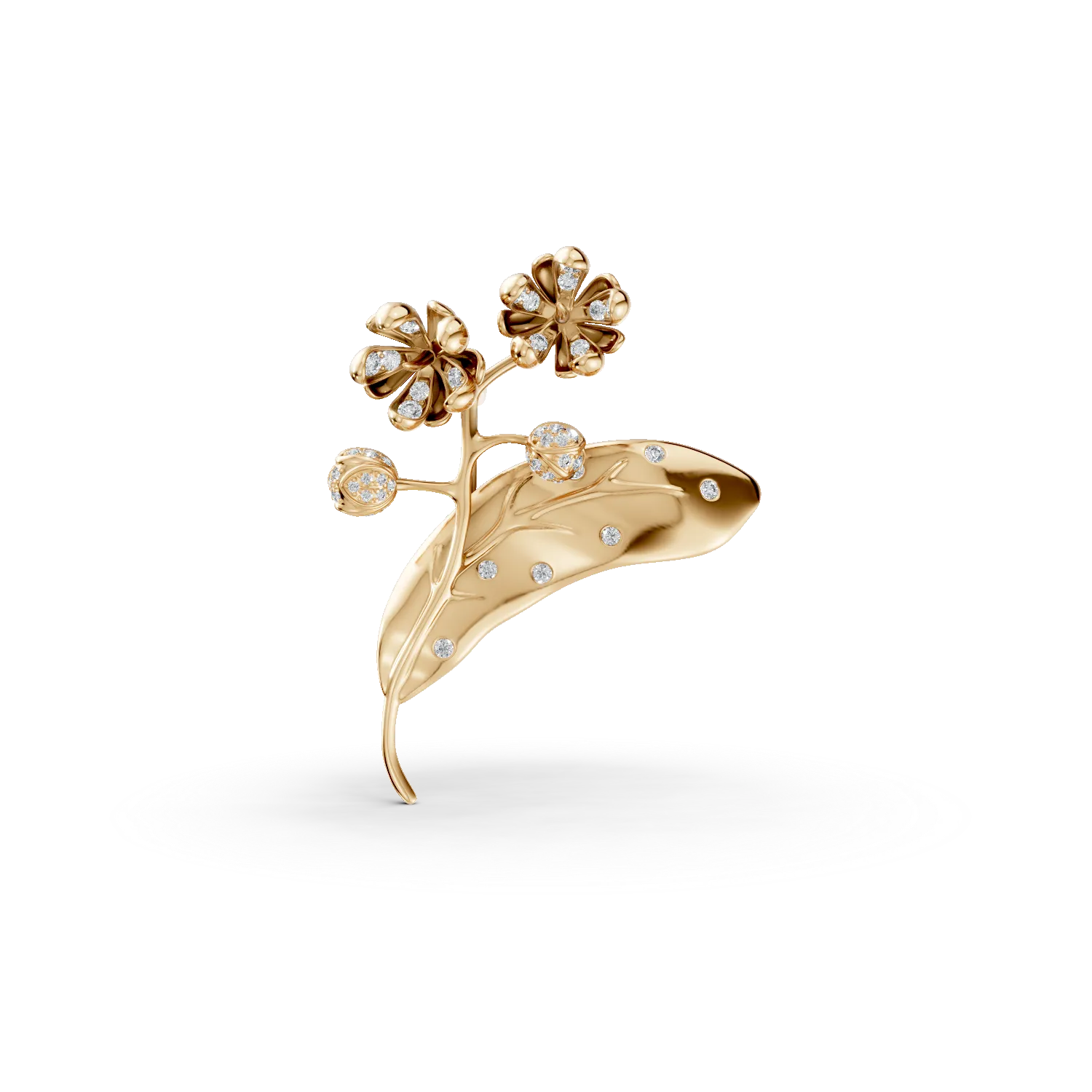 Yellow gold linden flower brooch with 0.2ct diamonds