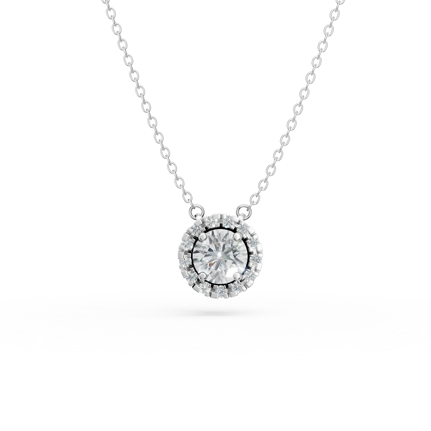 Lant cu pandantiv rotund din aur alb cu diamante de 0.6ct create in laborator