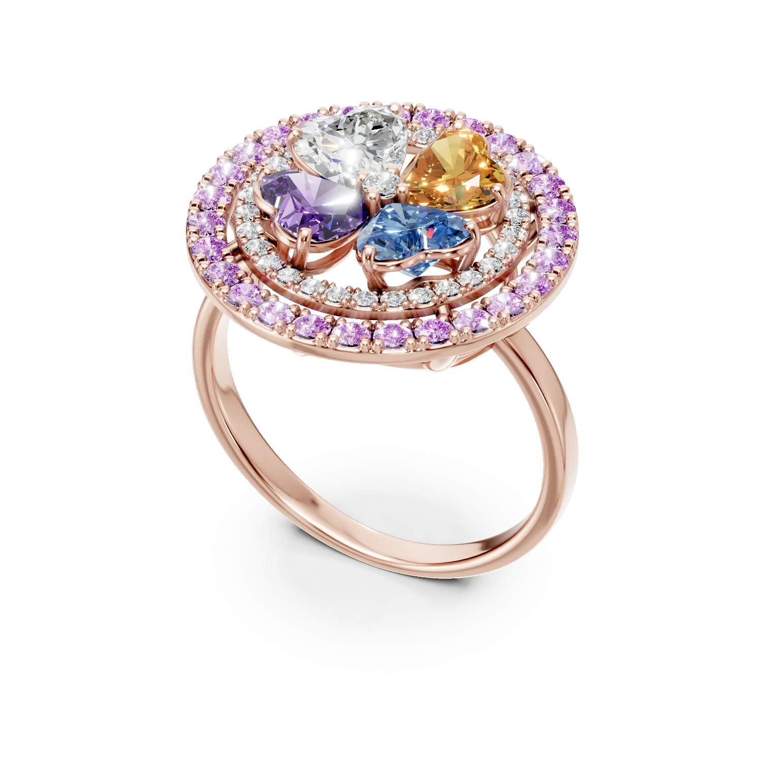 Rózsaszínarany virágos gyűrű 3ct drágakövekkel és féldrágakövekkel