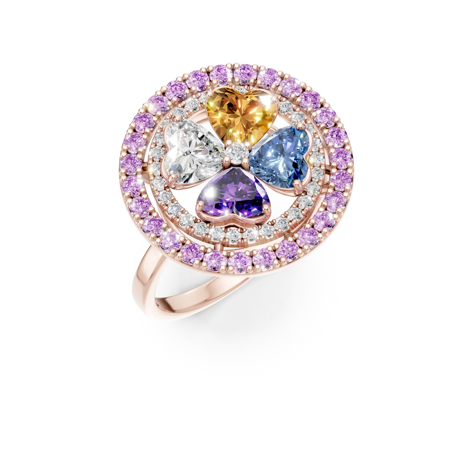 Rózsaszínarany virágos gyűrű 2.9ct drágakövekkel és féldrágakövekkel-193030