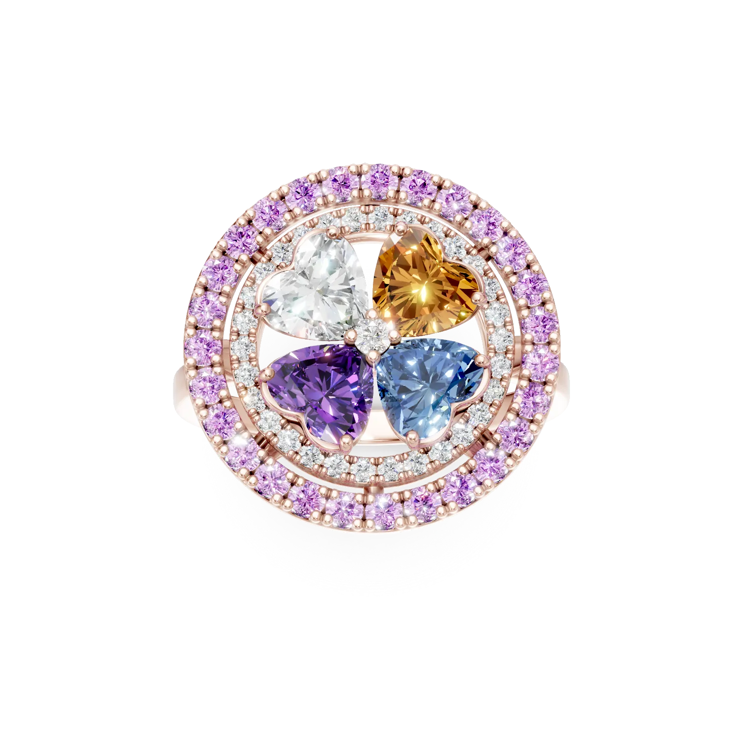 Rózsaszínarany virágos gyűrű 2.9ct drágakövekkel és féldrágakövekkel