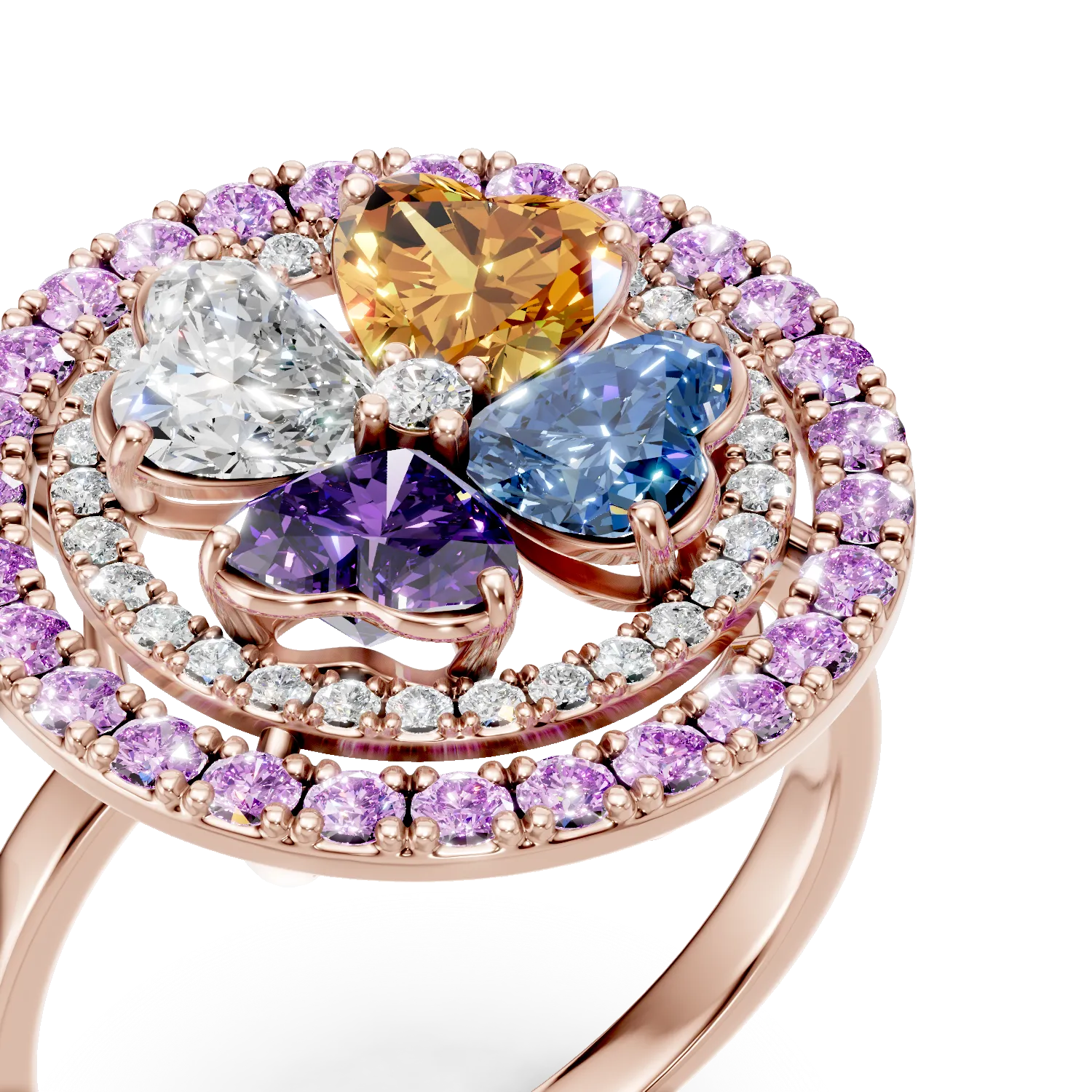 Rózsaszínarany virágos gyűrű 2.9ct drágakövekkel és féldrágakövekkel