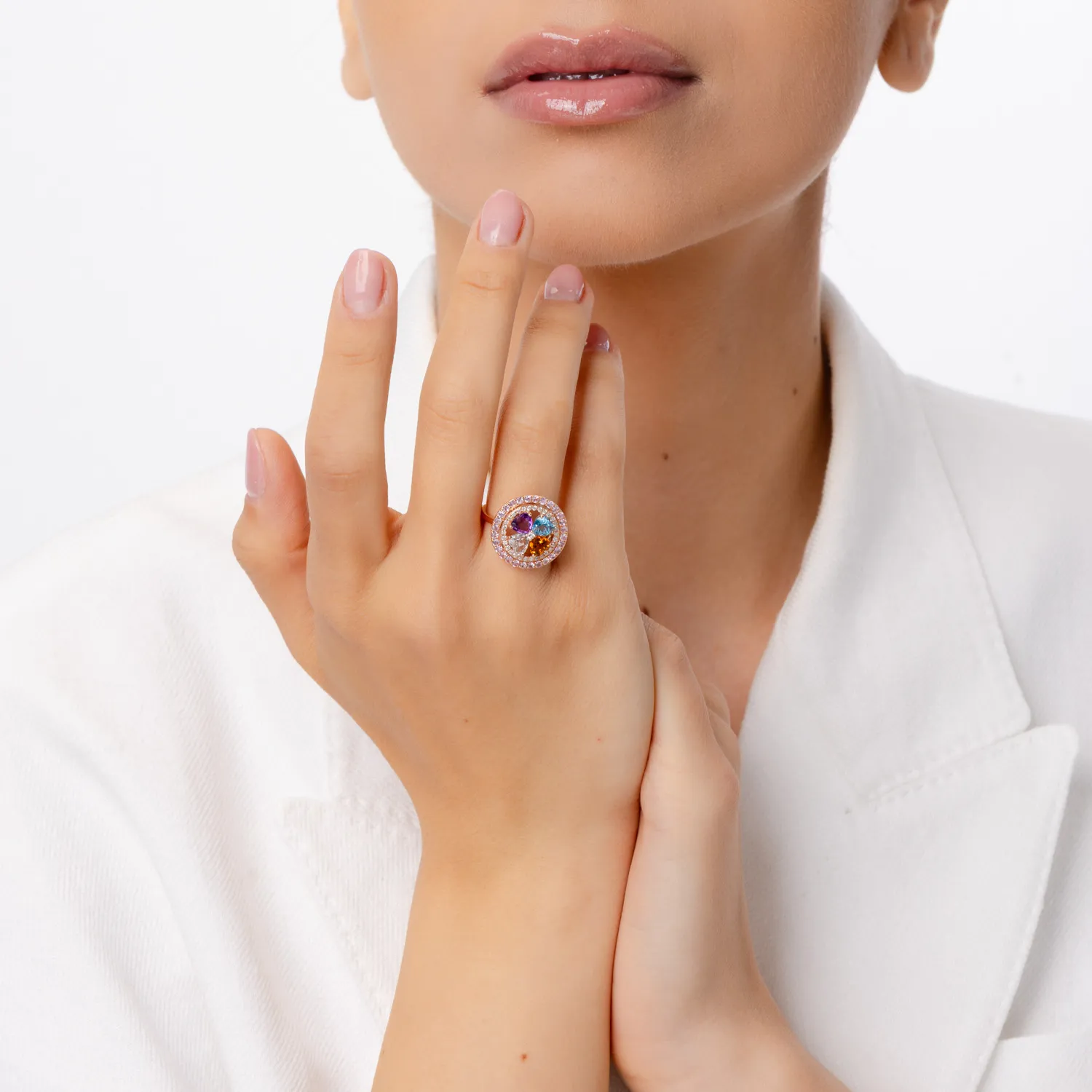 Rózsaszínarany virágos gyűrű 2.9ct drágakövekkel és féldrágakövekkel