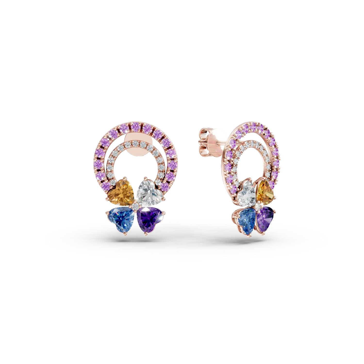 Rose gold flower earrings with 2.8ct precious and semi-precious stones