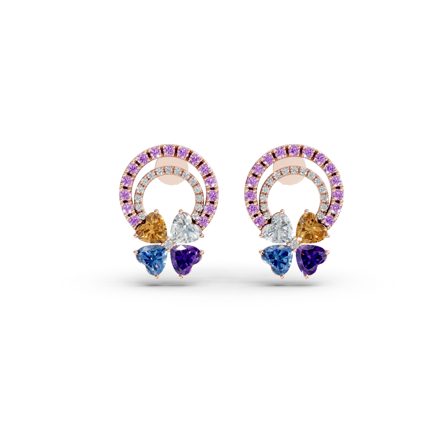 Cercei floare din aur roz cu pietre pretioase si semipretioase de 2.8ct