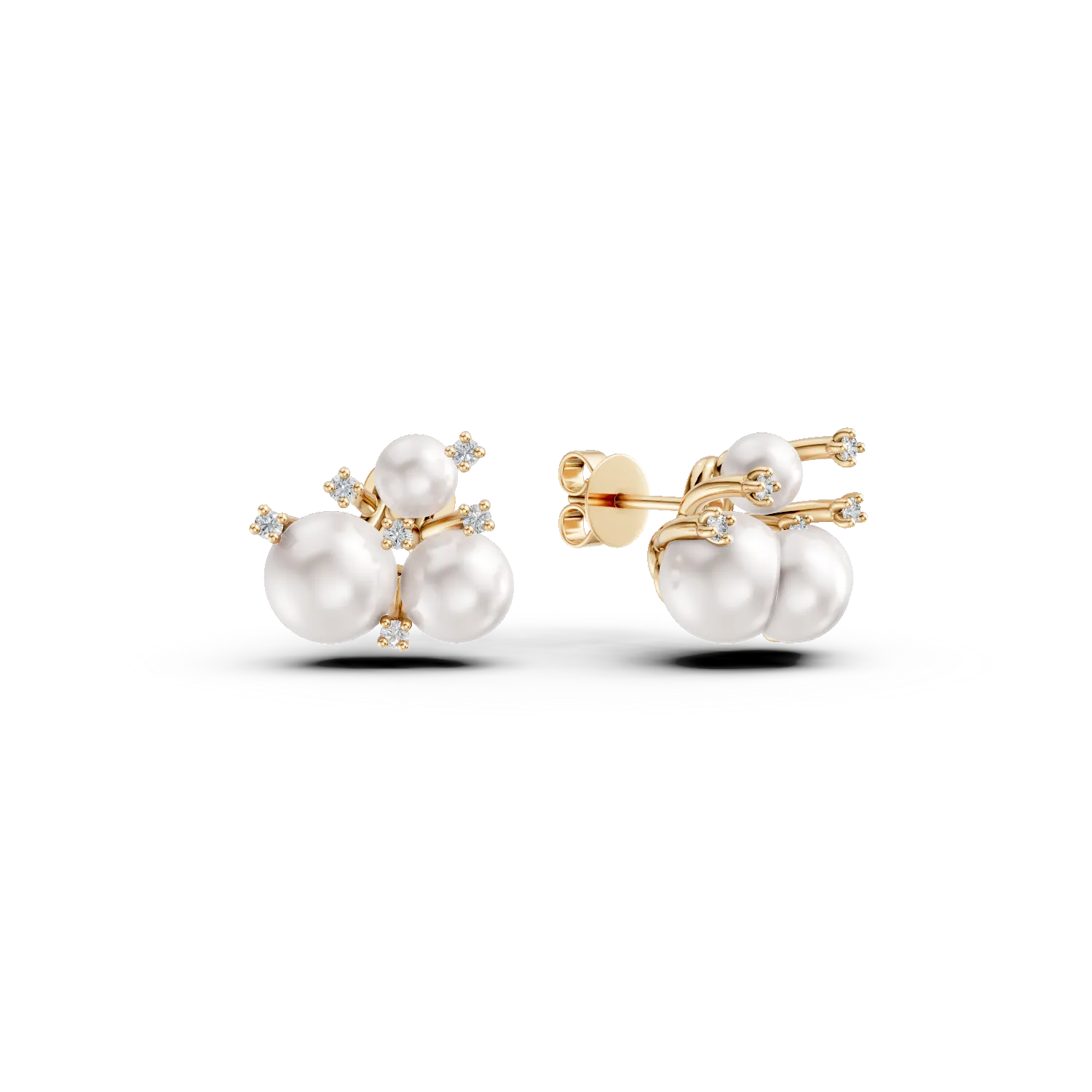 Yellow gold earrings with 0.1ct diamonds and fresh water pearls