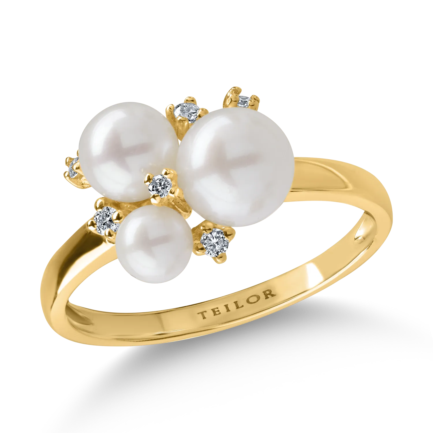 Yellow gold ring with 0.08ct diamonds and fresh water pearls-193332