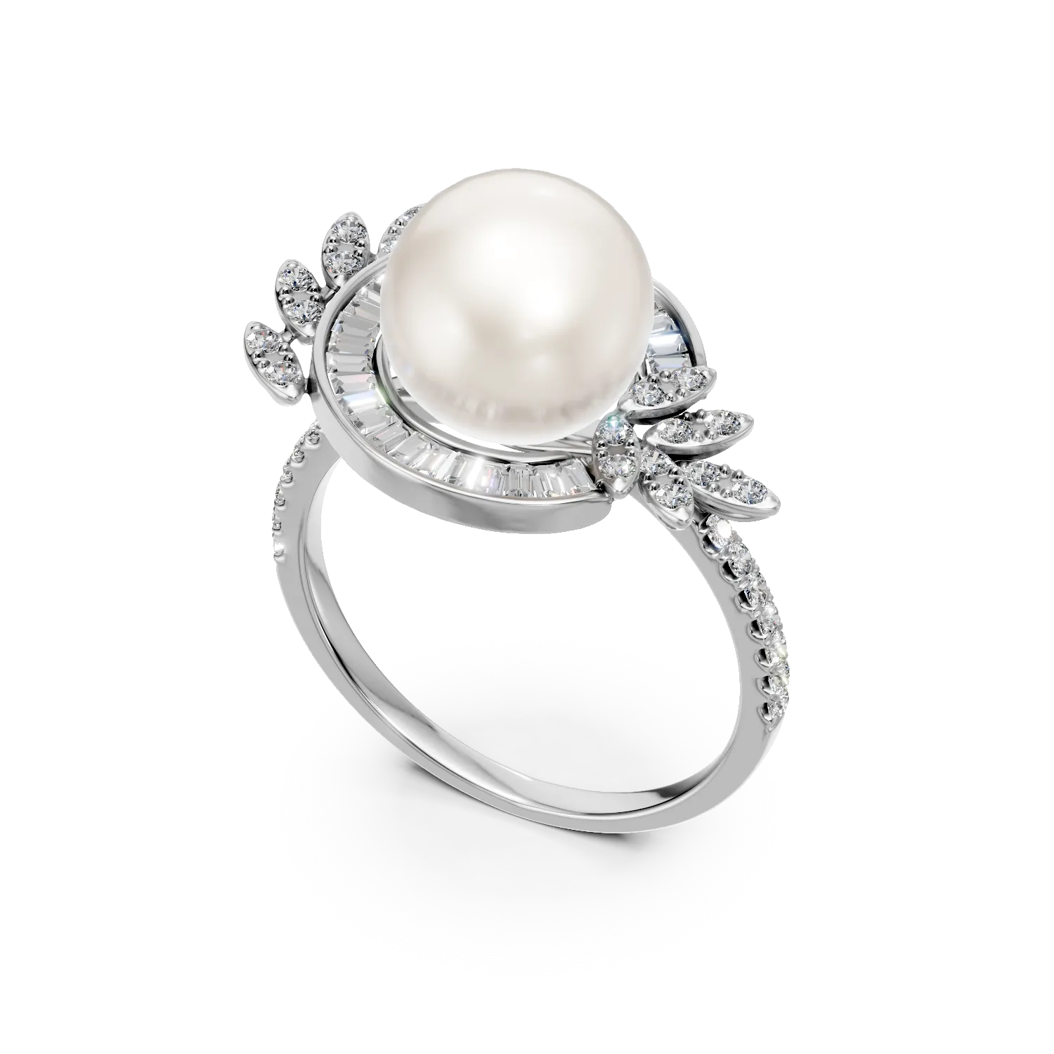 Pierścionek z białego złota z diamentami 0.7ct i perłą słodkowodną