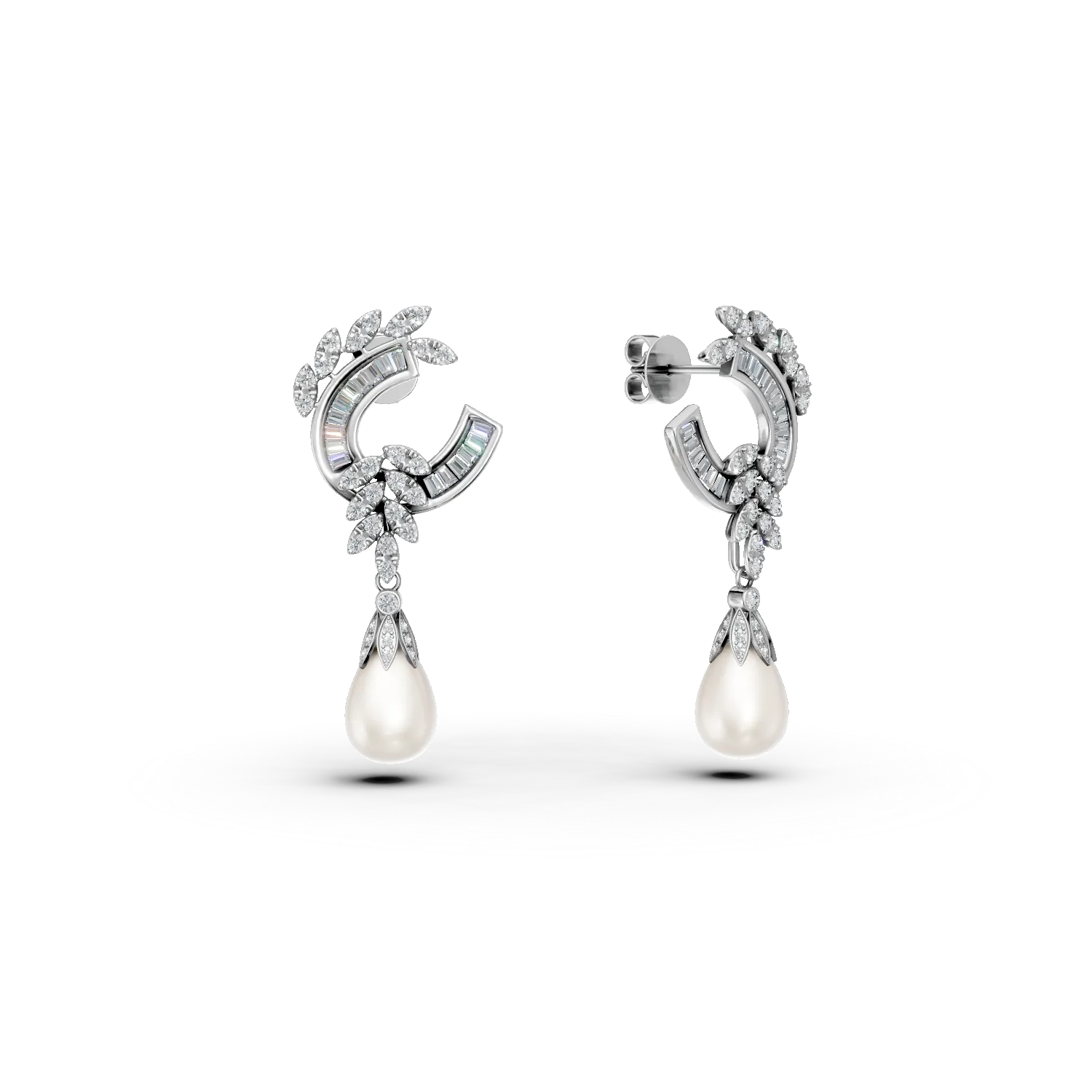 Cercei din aur alb cu diamante de 0.9ct si perle de cultura