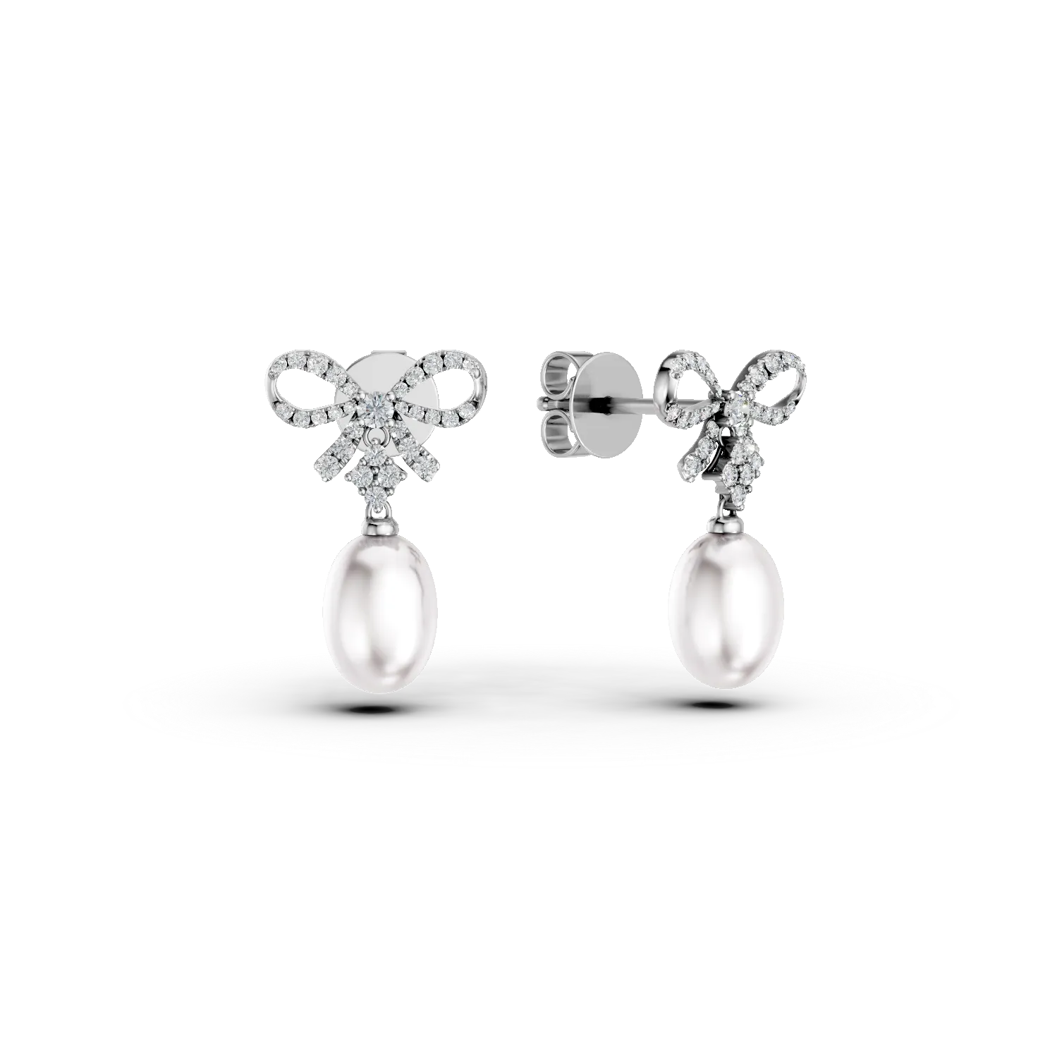 Cercei fundite din aur alb cu perle de cultura si diamante de 0.4ct