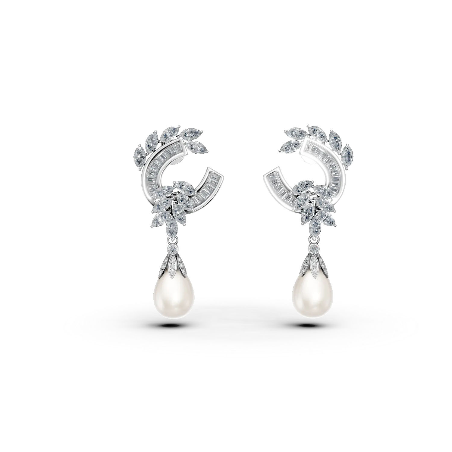 White gold earrings with 1.9ct diamonds and fresh water pearls-193485