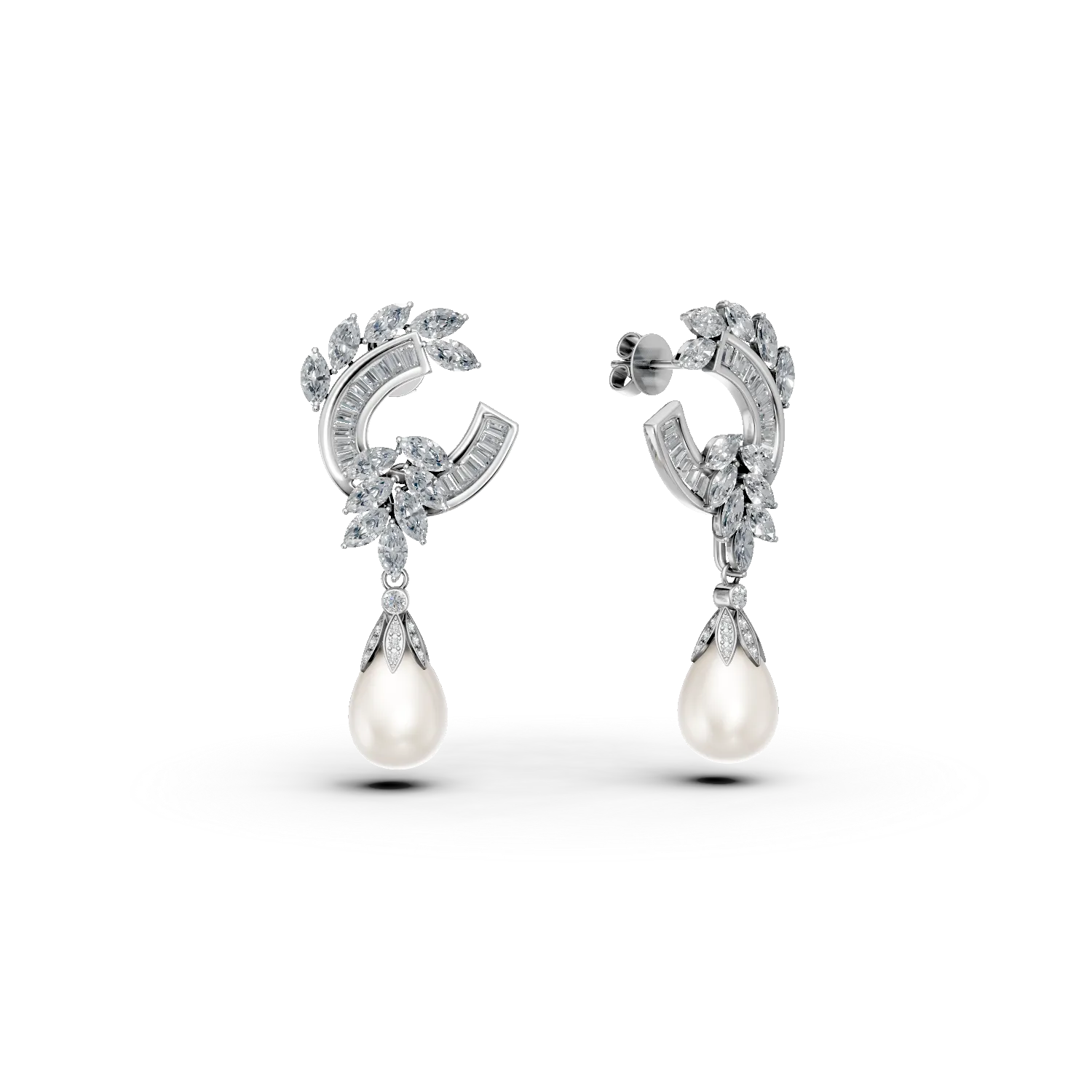 Cercei din aur alb cu diamante marquise, baguette si rotunde de 1.9ct si perle de cultura