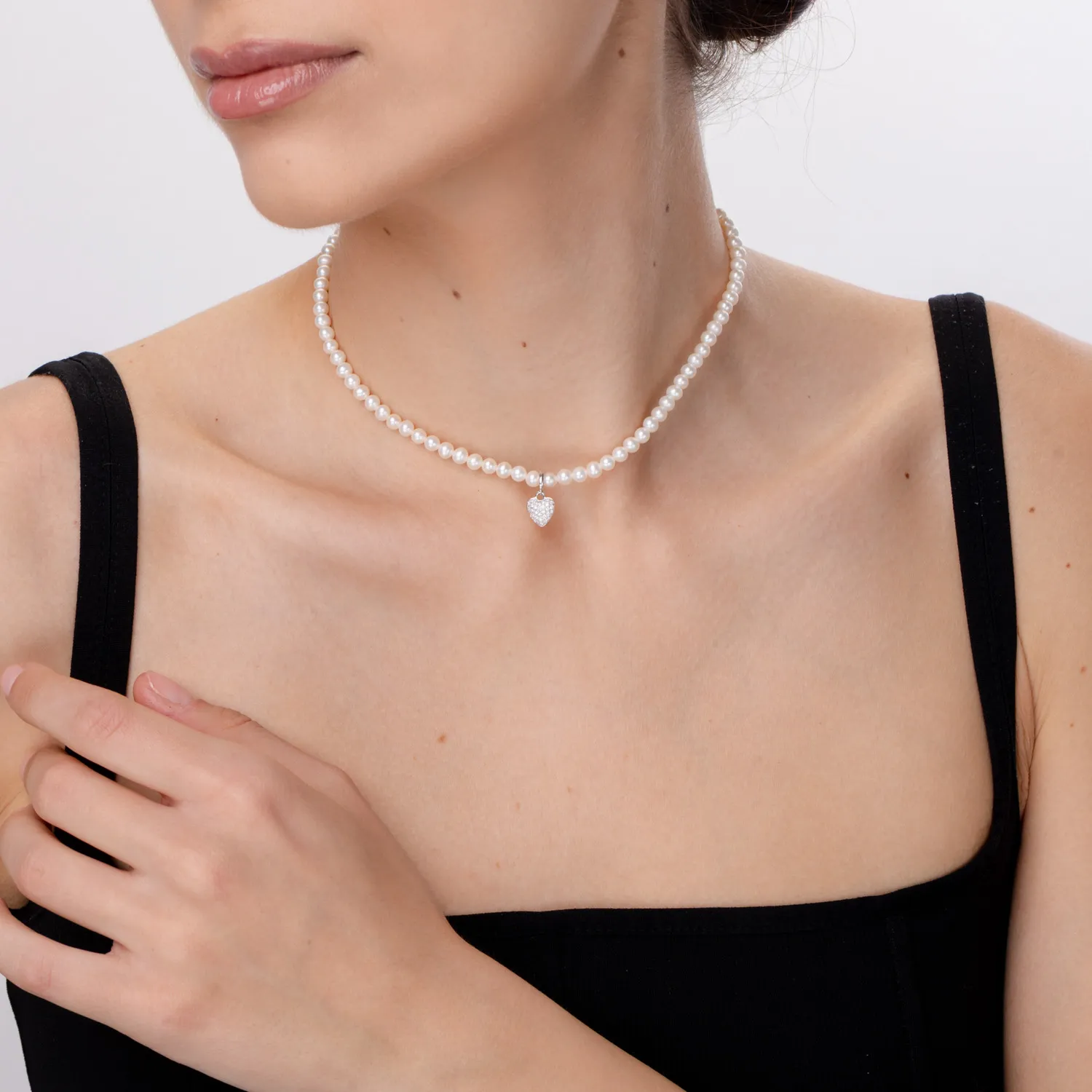 Colier din aur alb cu pandantiv cu diamante de 0.1ct si perle de cultura - imagine 4