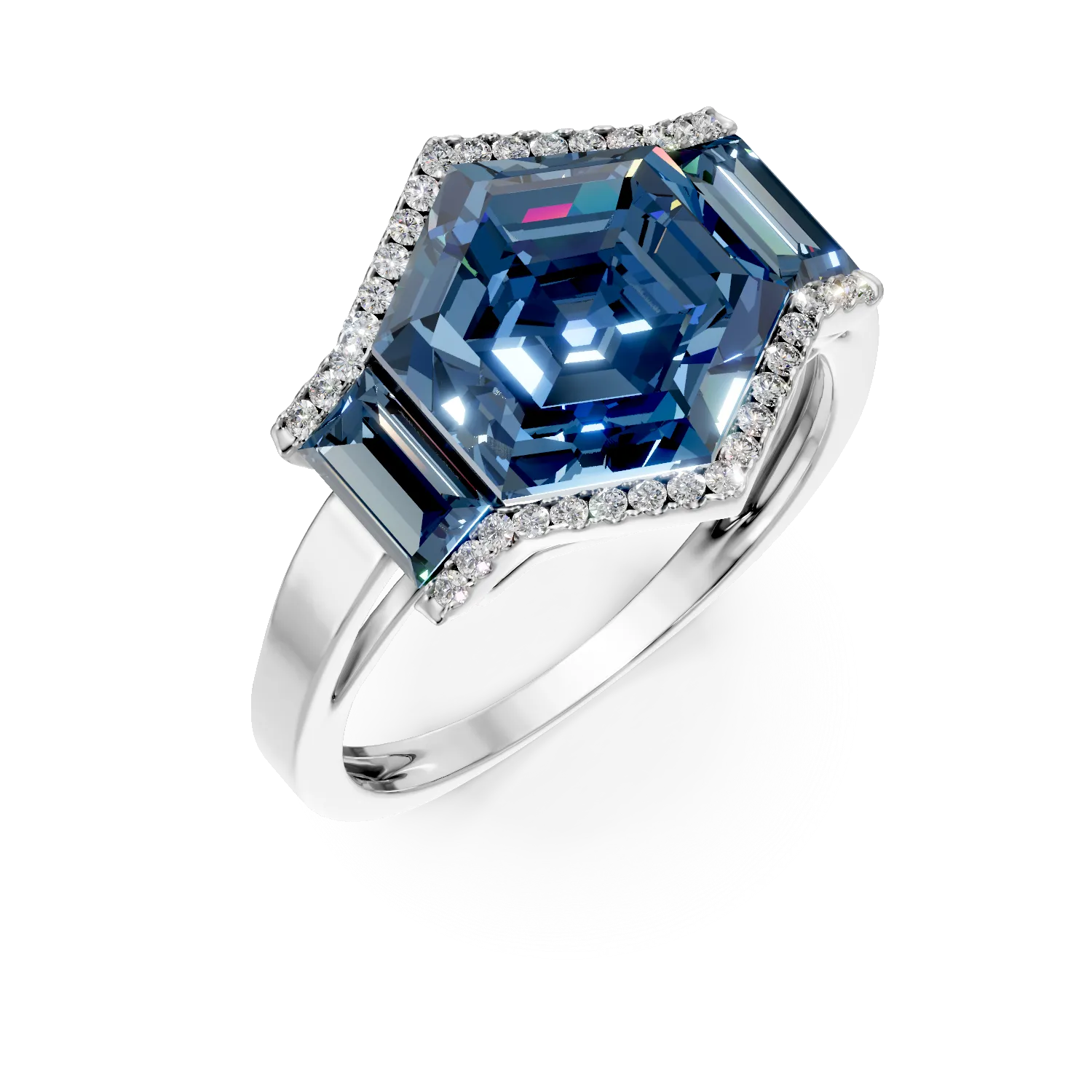 Teilor Inel geometric din aur alb cu topaze hexagonale si baguette de 7.1ct si diamante de 0.1ct