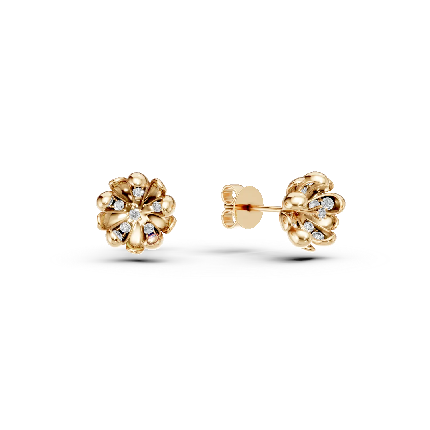 Yellow gold linden flower earrings with 0.1ct diamonds