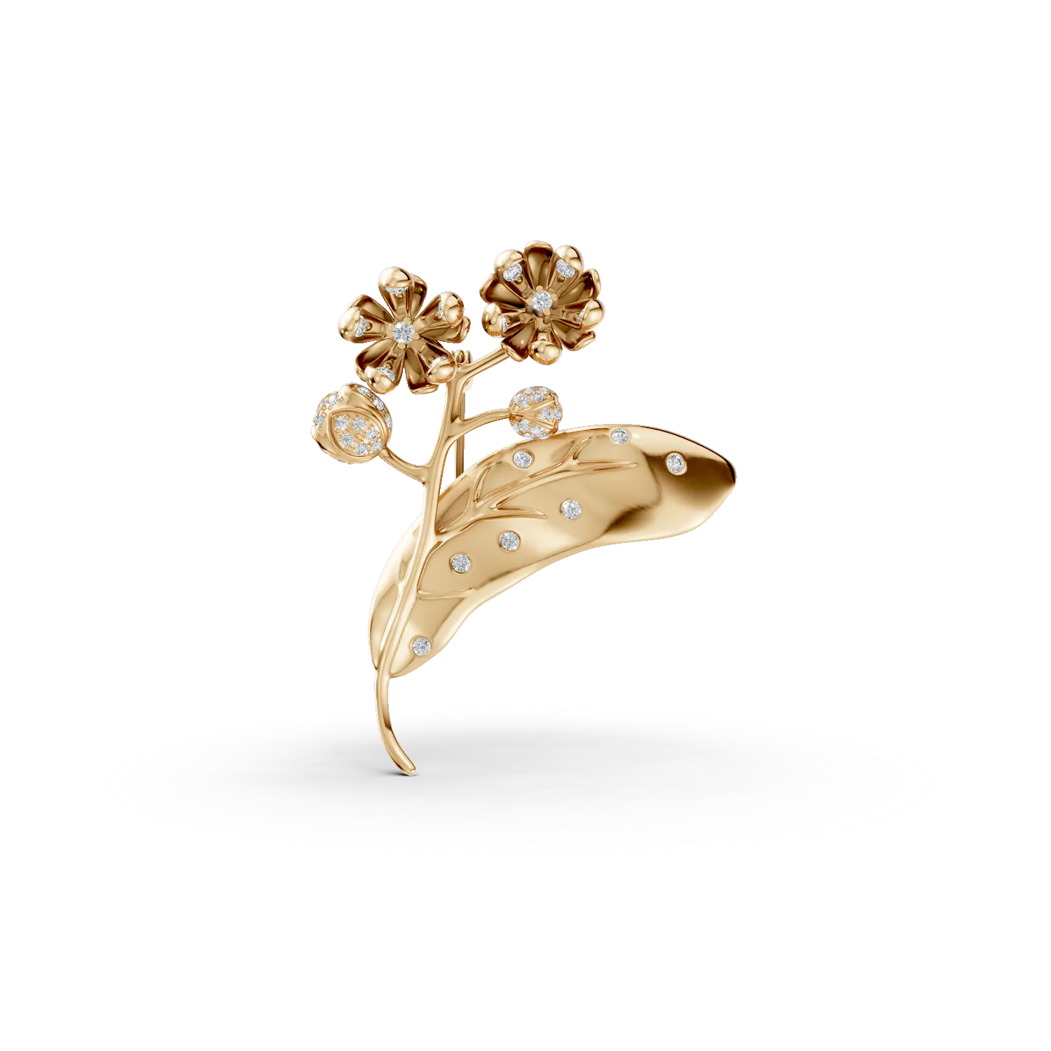Yellow gold linden flower brooch with 0.1ct diamonds-193792