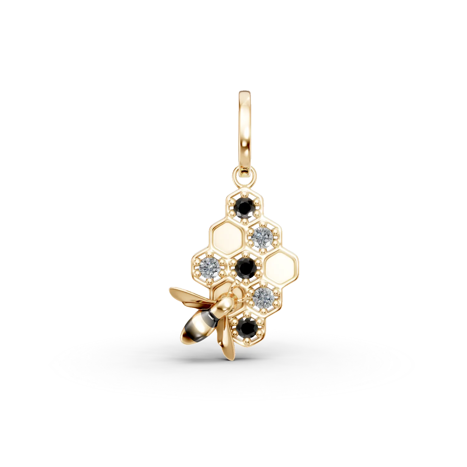 Yellow gold bee pendant with 0.08ct black and clear diamonds-193820