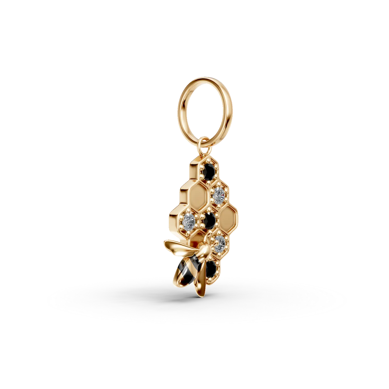 Yellow gold bee pendant with 0.08ct black and clear diamonds