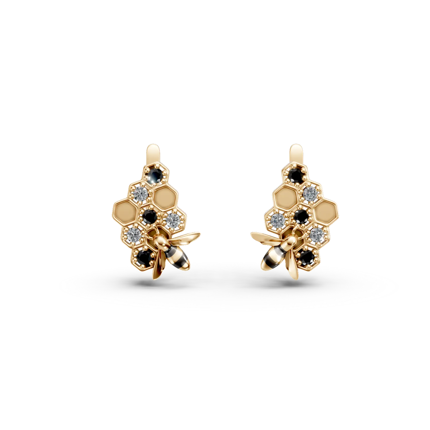 Yellow gold bee earrings with 0.1ct black and clear diamonds-193821