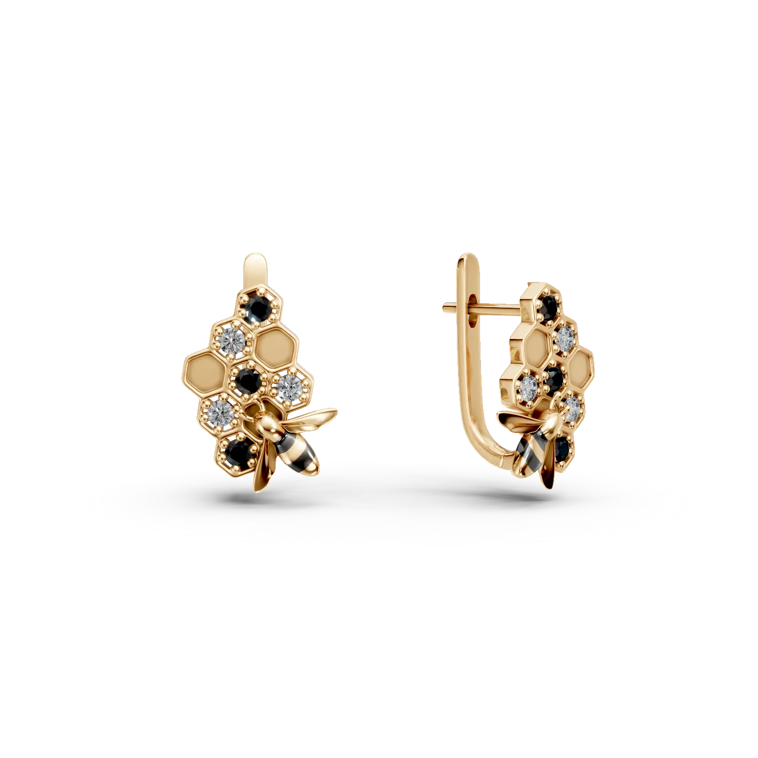 Yellow gold bee earrings with 0.1ct black and clear diamonds