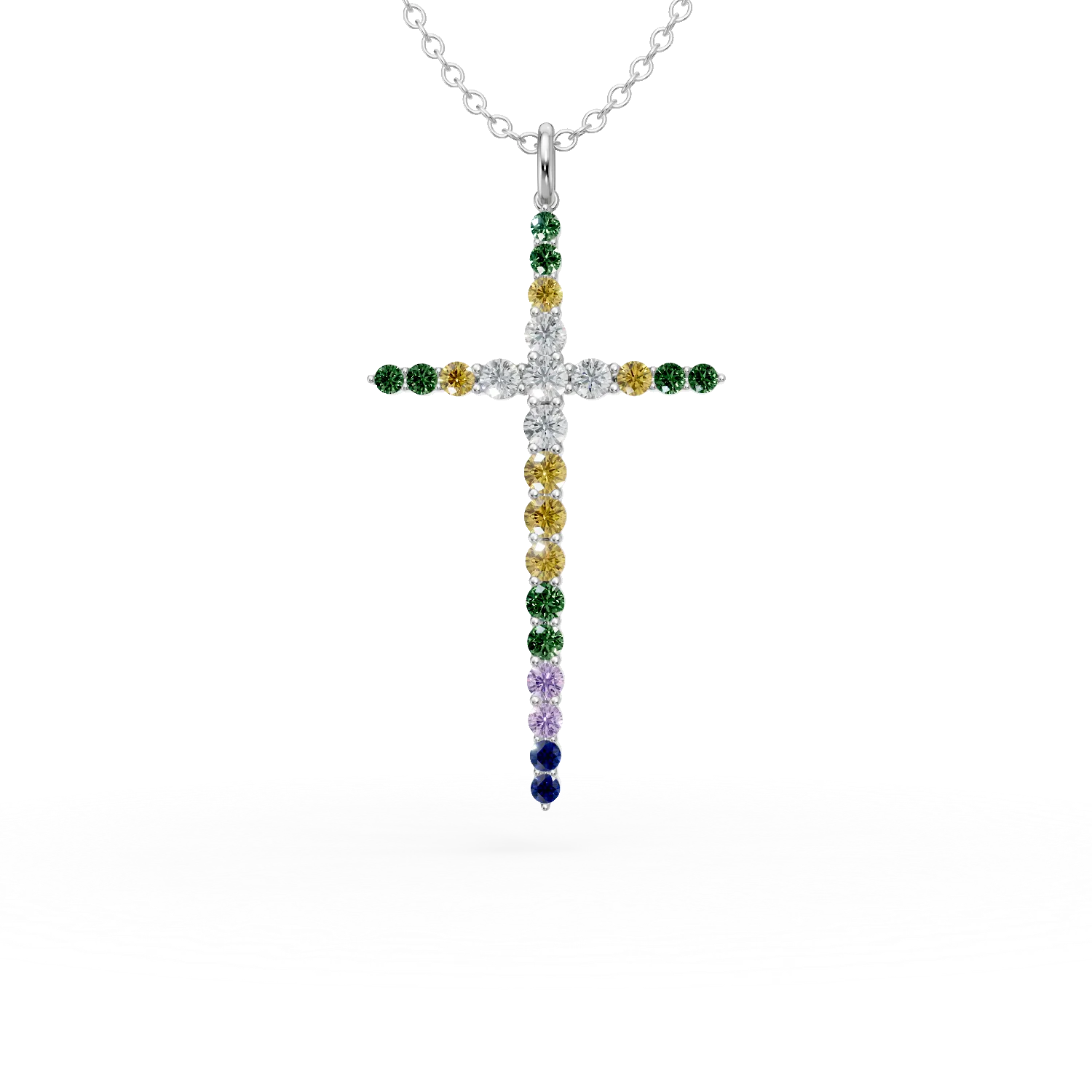 Lant cu pandantiv cruce din aur alb cu pietre pretioase si semipretioase de 1ct