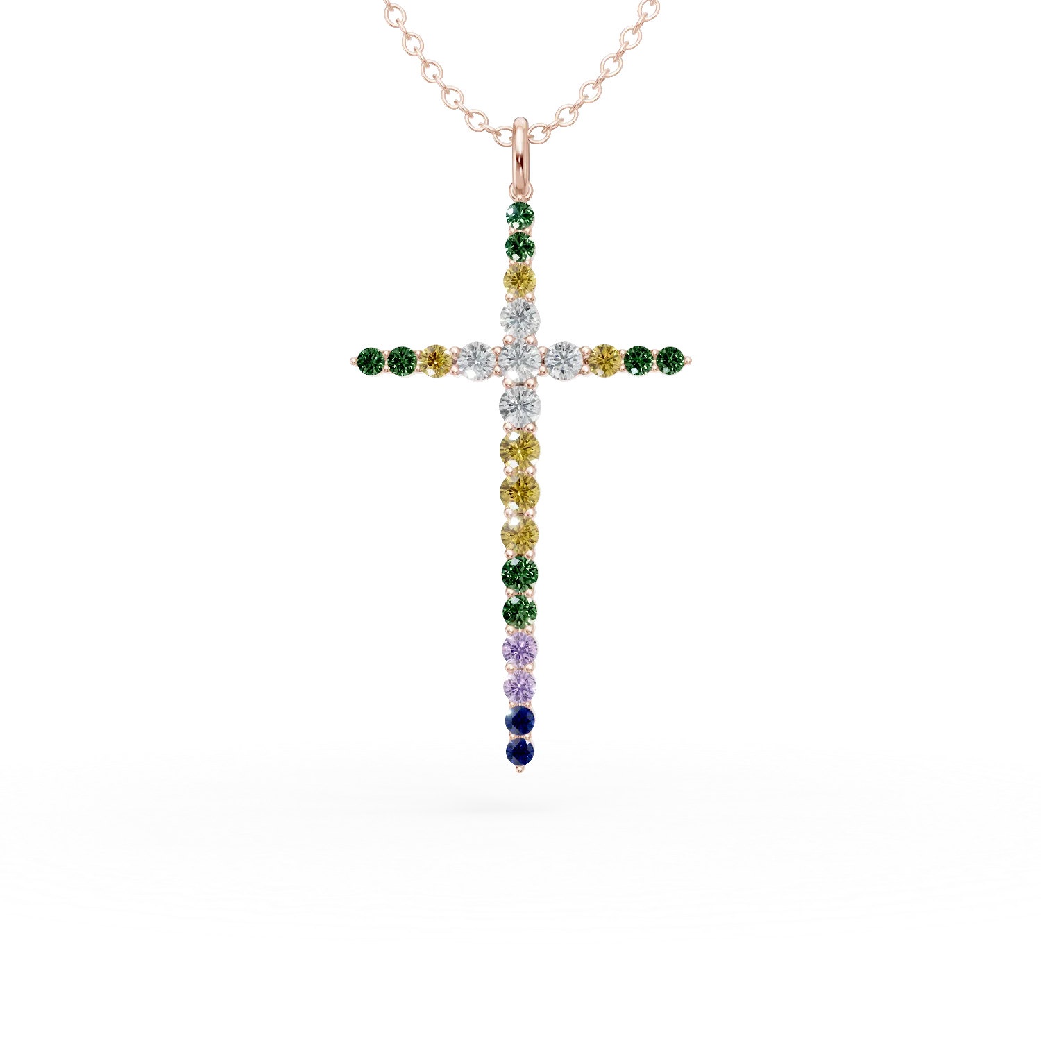 Rose gold cross pendant necklace with 1ct precious and semi-precious stones-193828