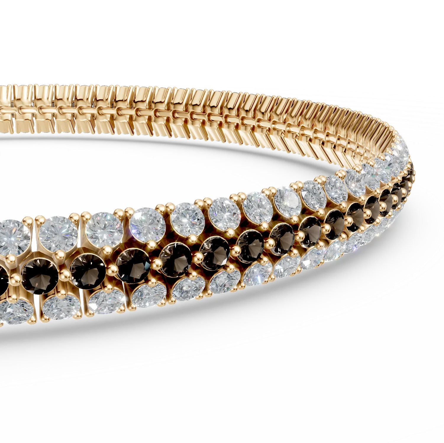 Yellow gold tennis bracelet with white and brown zirconia