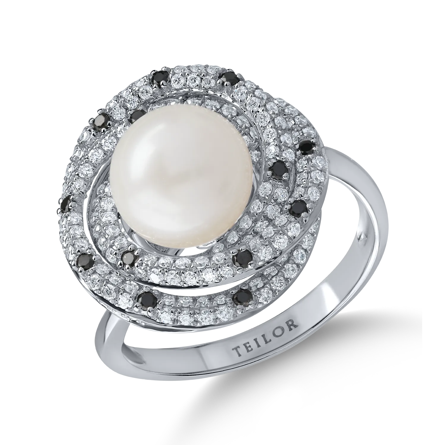 Inel din aur alb cu diamante negre si incolore de 1.7ct si perla de cultura de 4.5ct