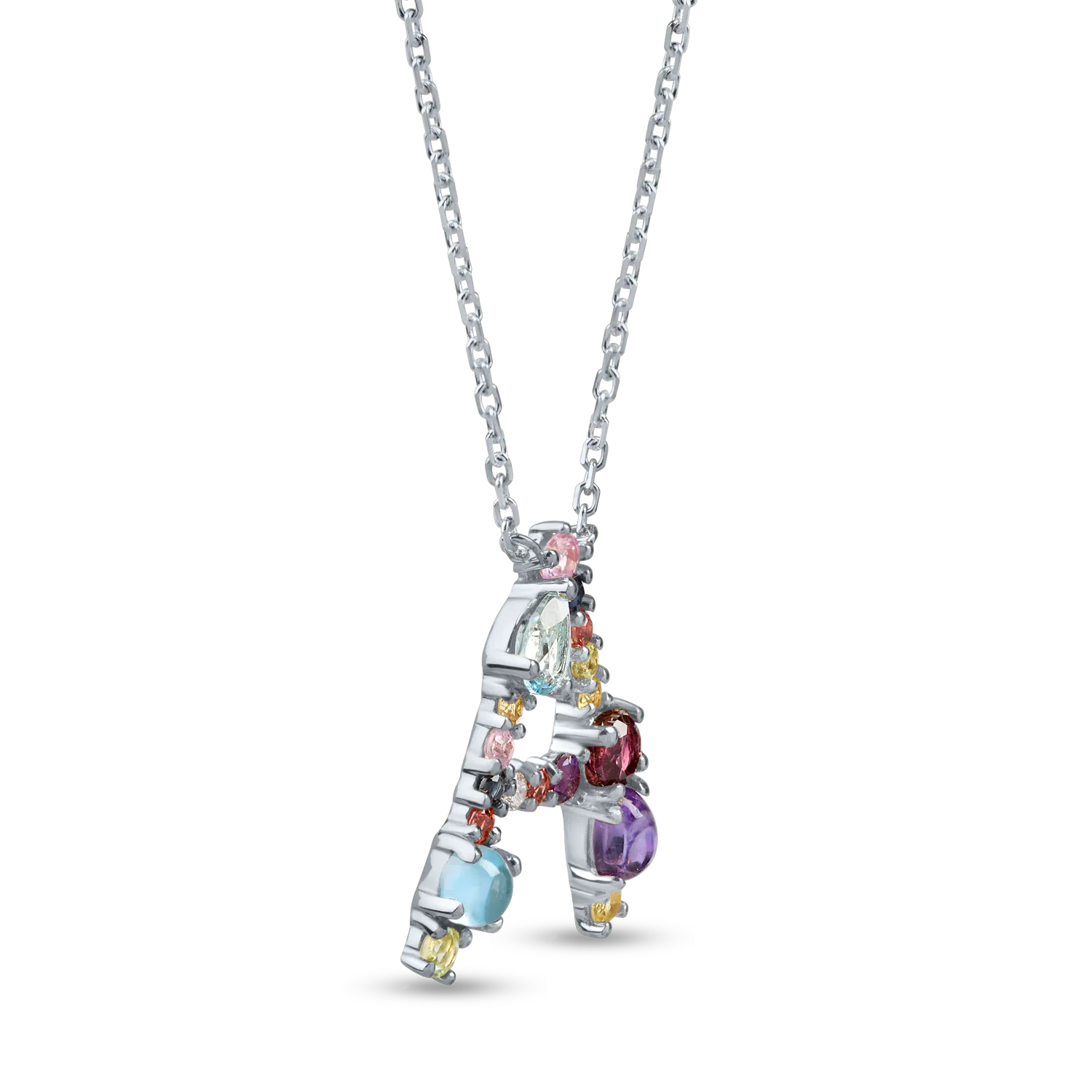 White gold initial A pendant necklace with 1ct precious and semi-precious stones
