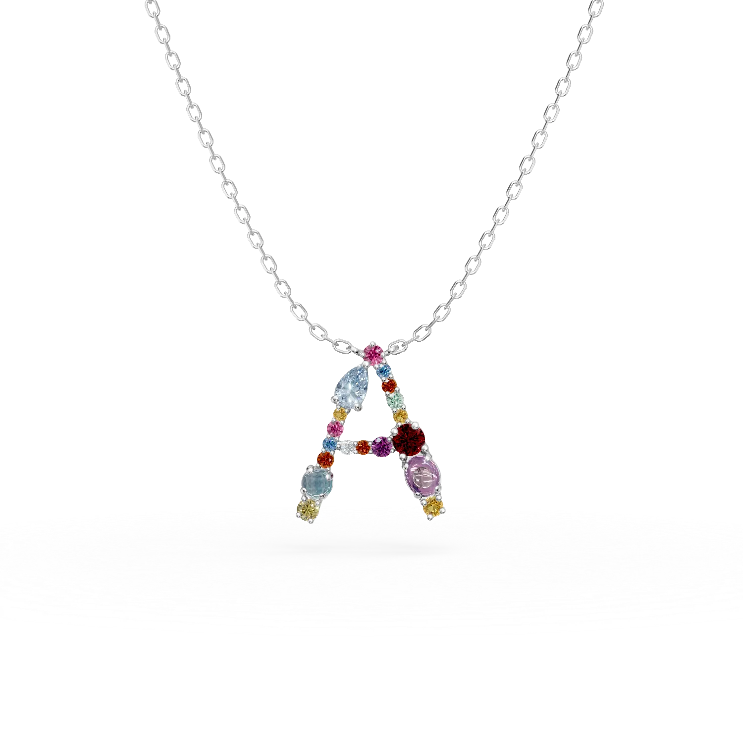 Lant cu pandantiv initiala A din aur alb cu pietre pretioase si semipretioase de 1ct