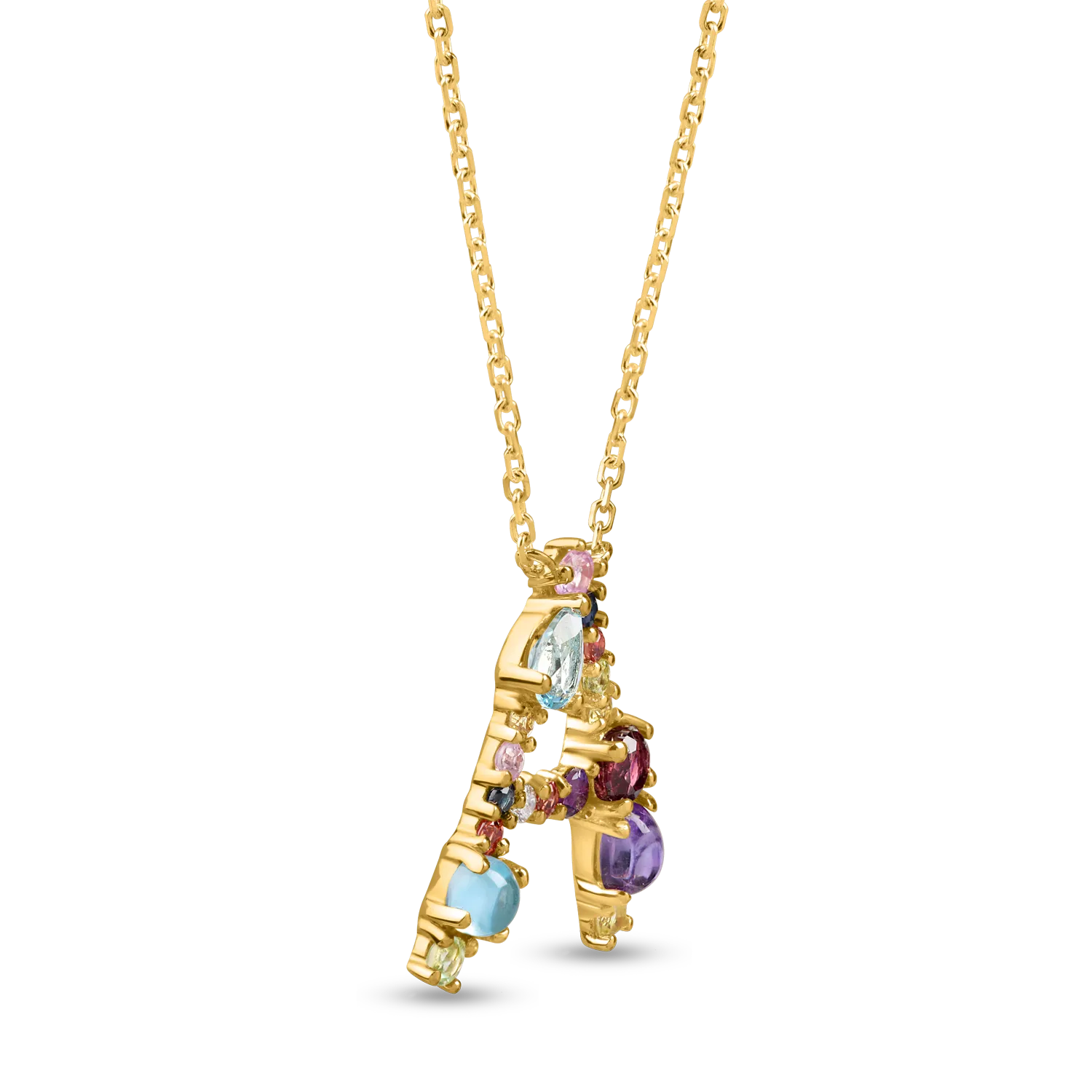 Yellow gold initial A pendant necklace with 1ct precious and semi-precious stones