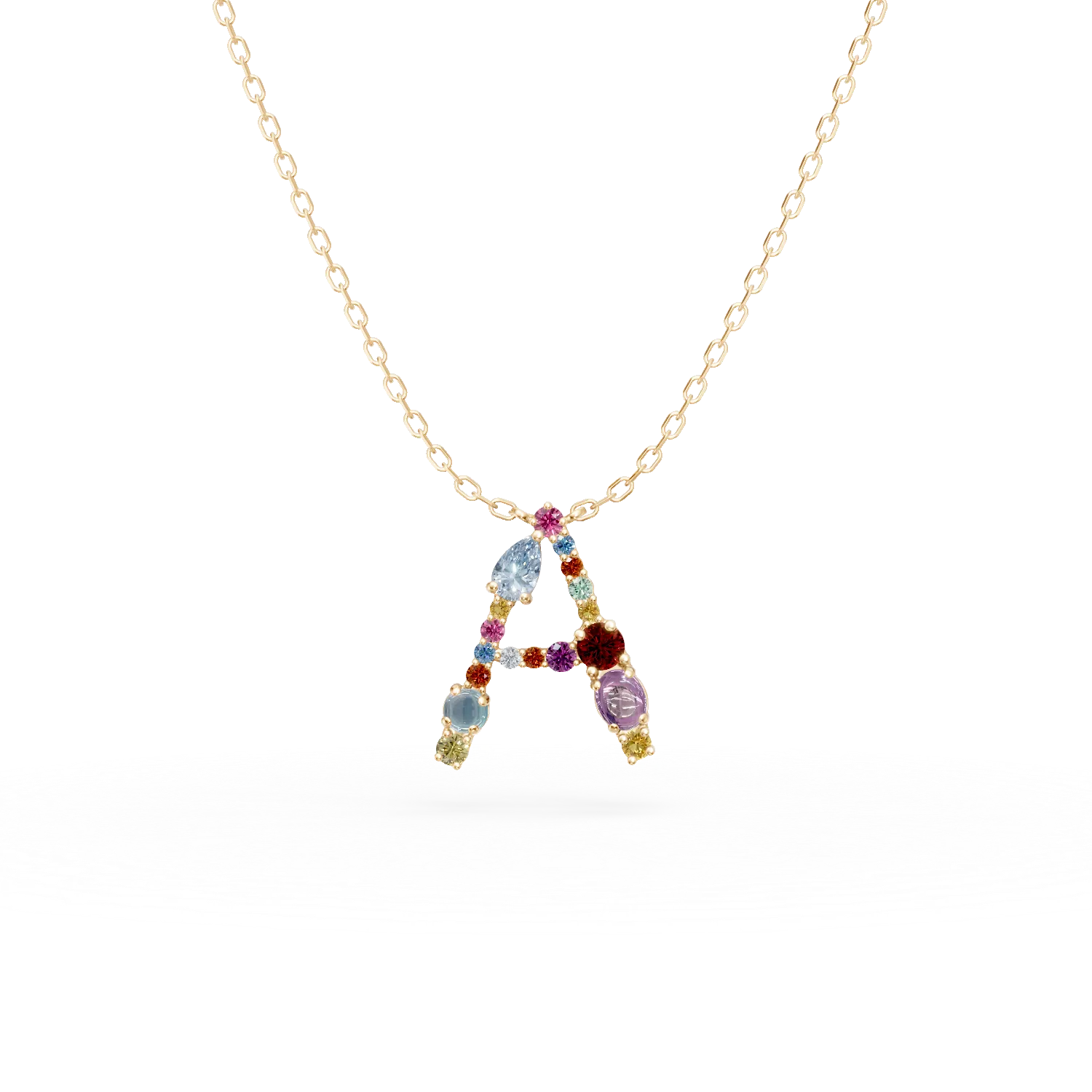 Lant cu pandantiv initiala A din aur galben cu pietre pretioase si semipretioase de 1ct