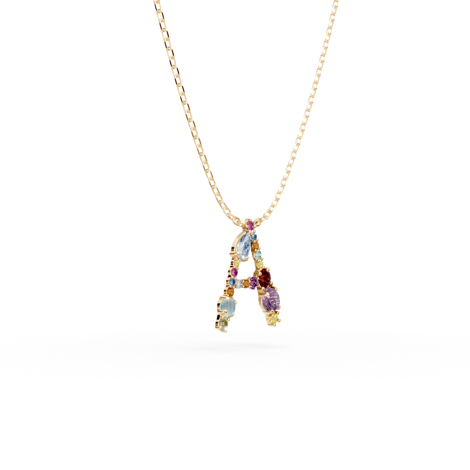 Naszyjnik z żółtego złota z zawieszką z literą A z 1ct kamieni szlachetnych i półszlachetnych